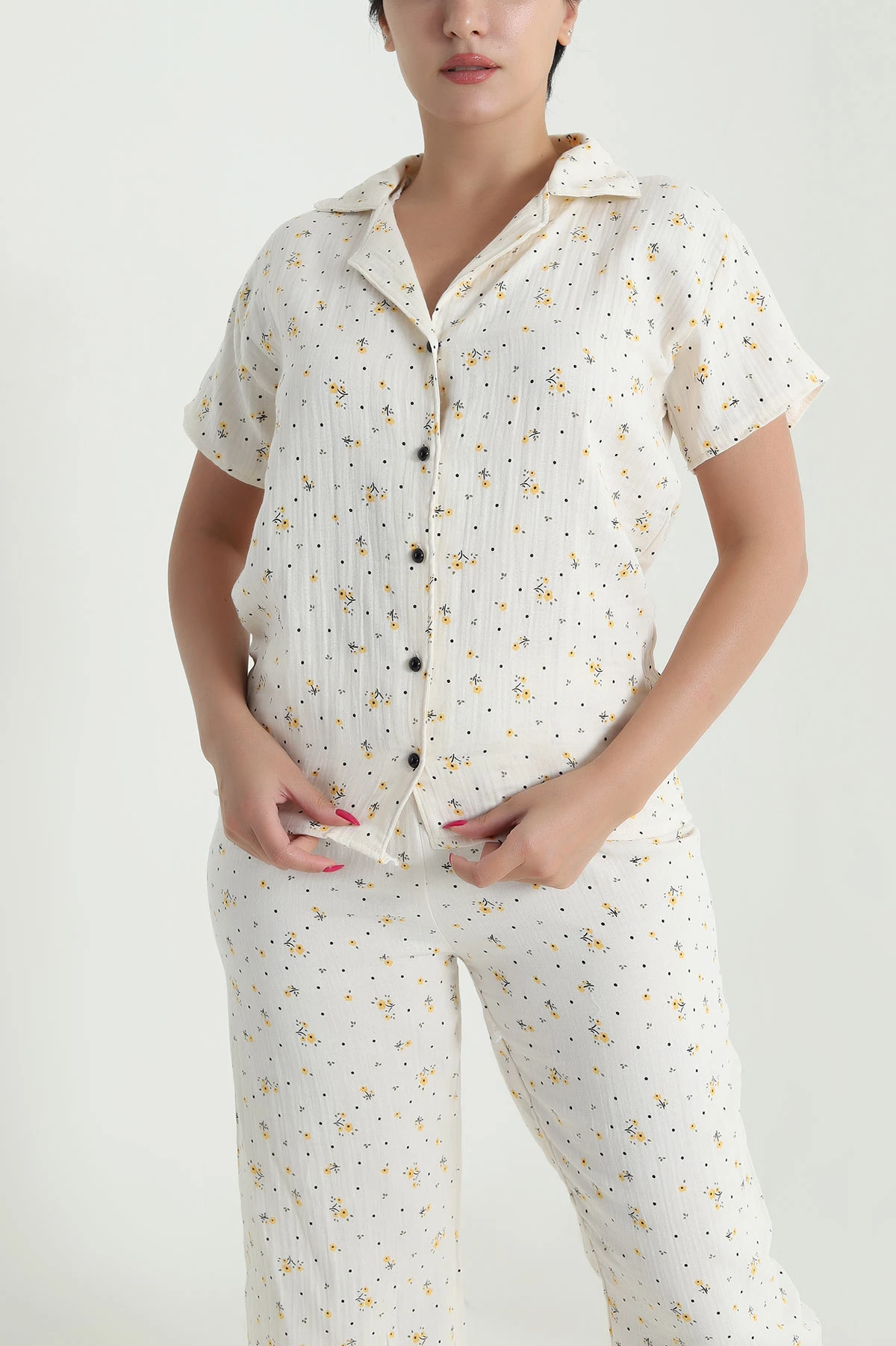 Müslin Keten Düğmeli Kadın Pijama Takımı 476893