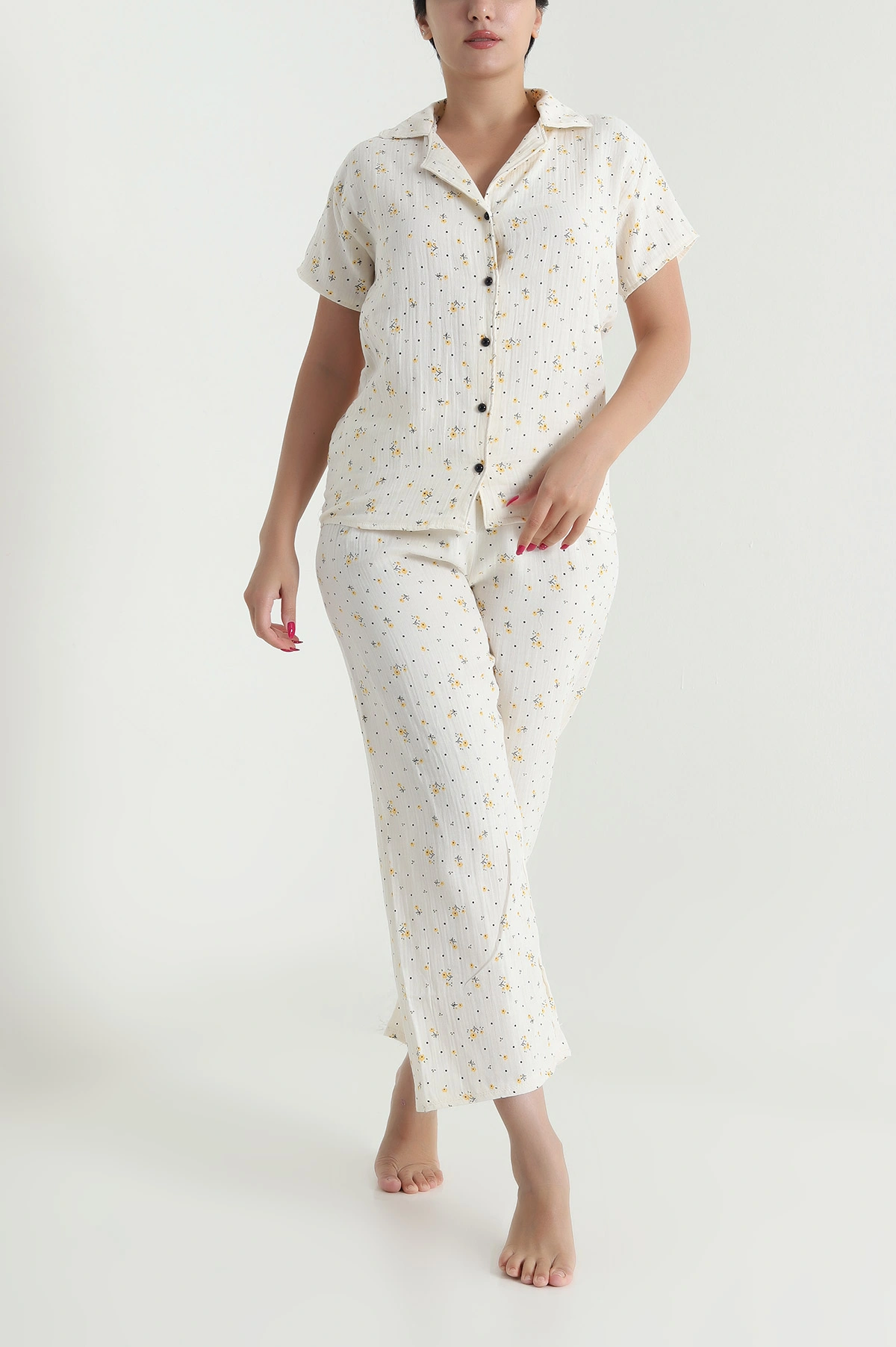 Müslin Keten Düğmeli Kadın Pijama Takımı 476893