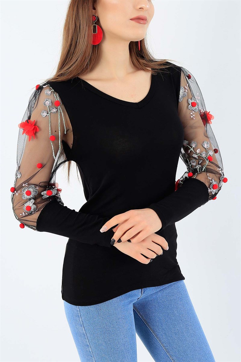 Nakışlı Kol Tasarım Siyah Bluz 27223B