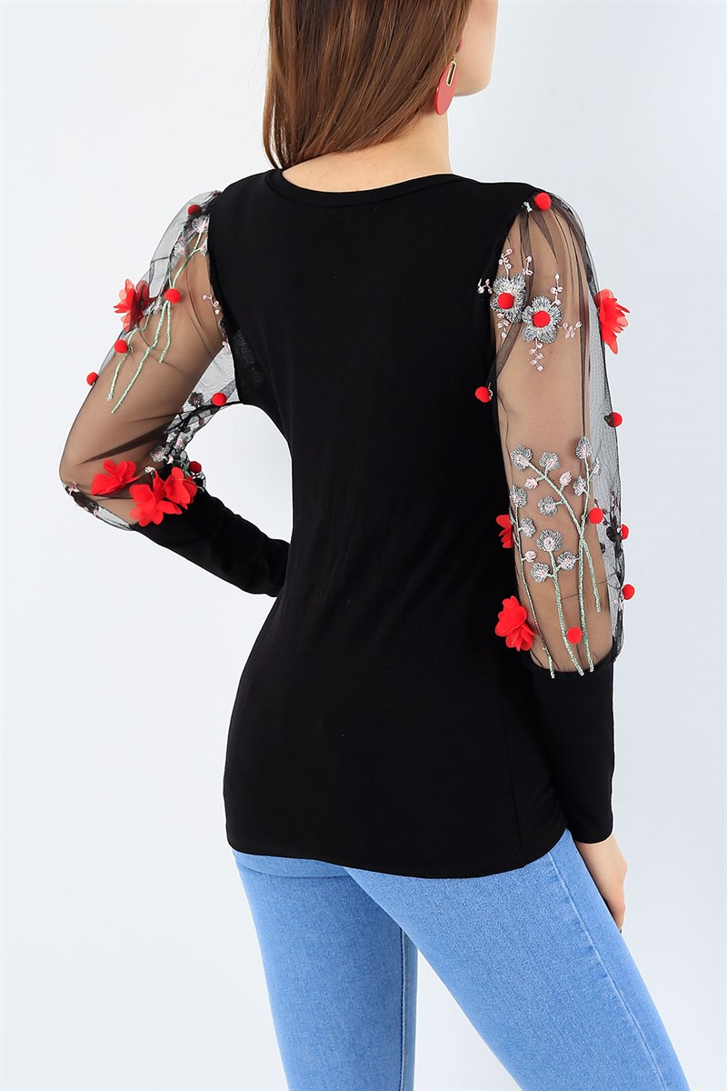 Nakışlı Kol Tasarım Siyah Bluz 27223B