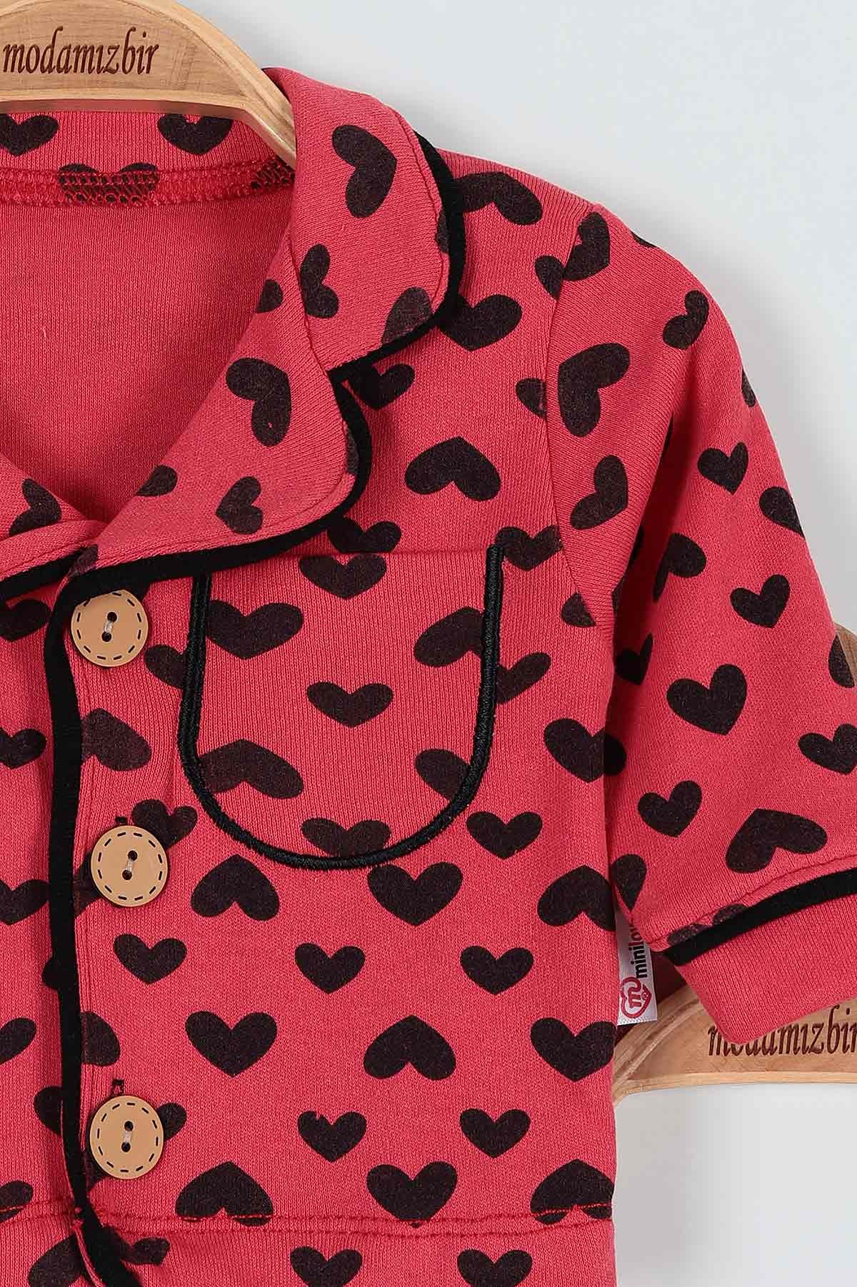 Nar Çiçeği (6-24 Ay ) Kalp Baskılı Düğme Detaylı Kız Bebe Pijama Takım 186456