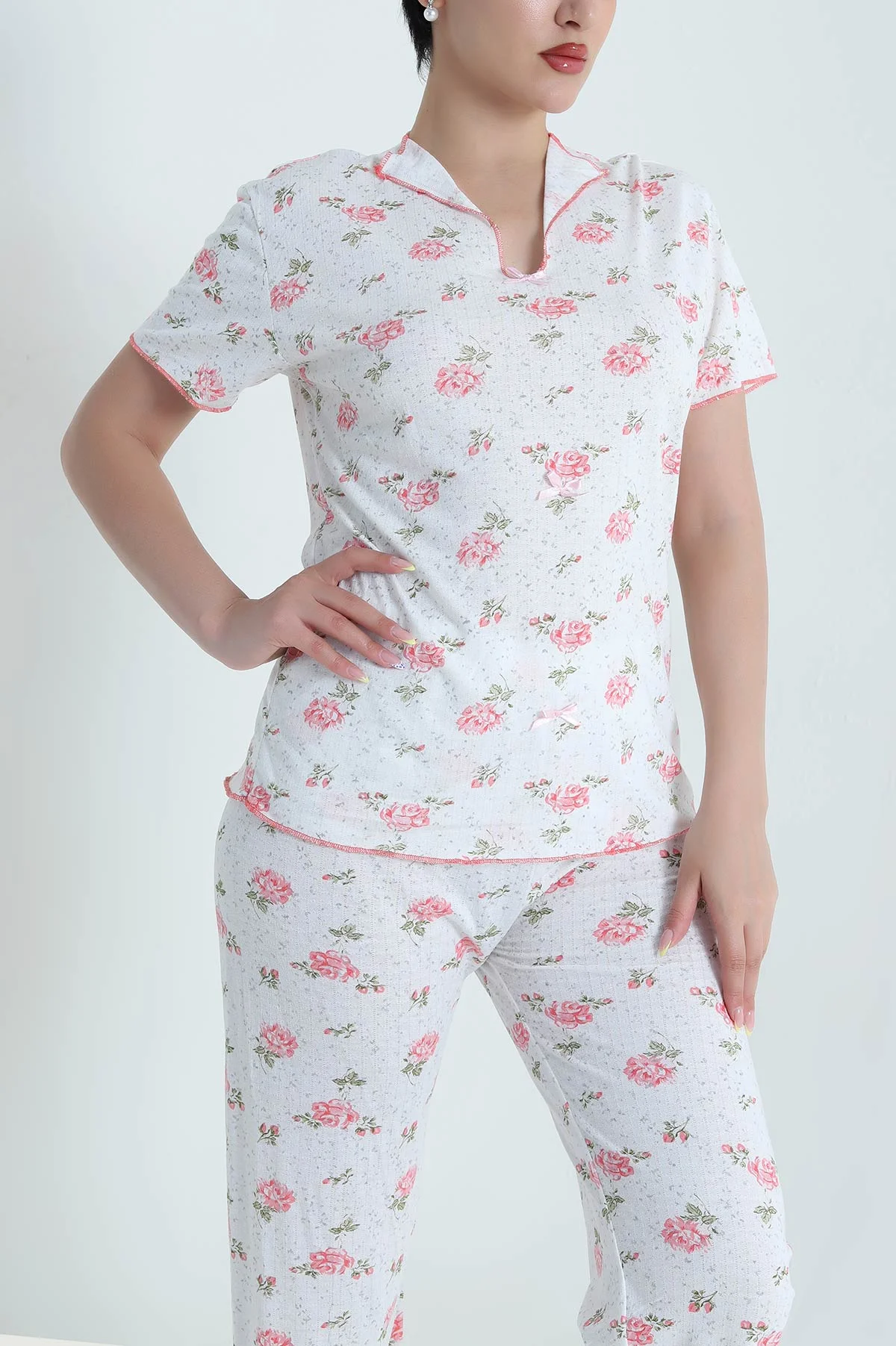 Nar Çiçeği Jakarlı Fiyonklu Kadın Pijama Takımı 466701