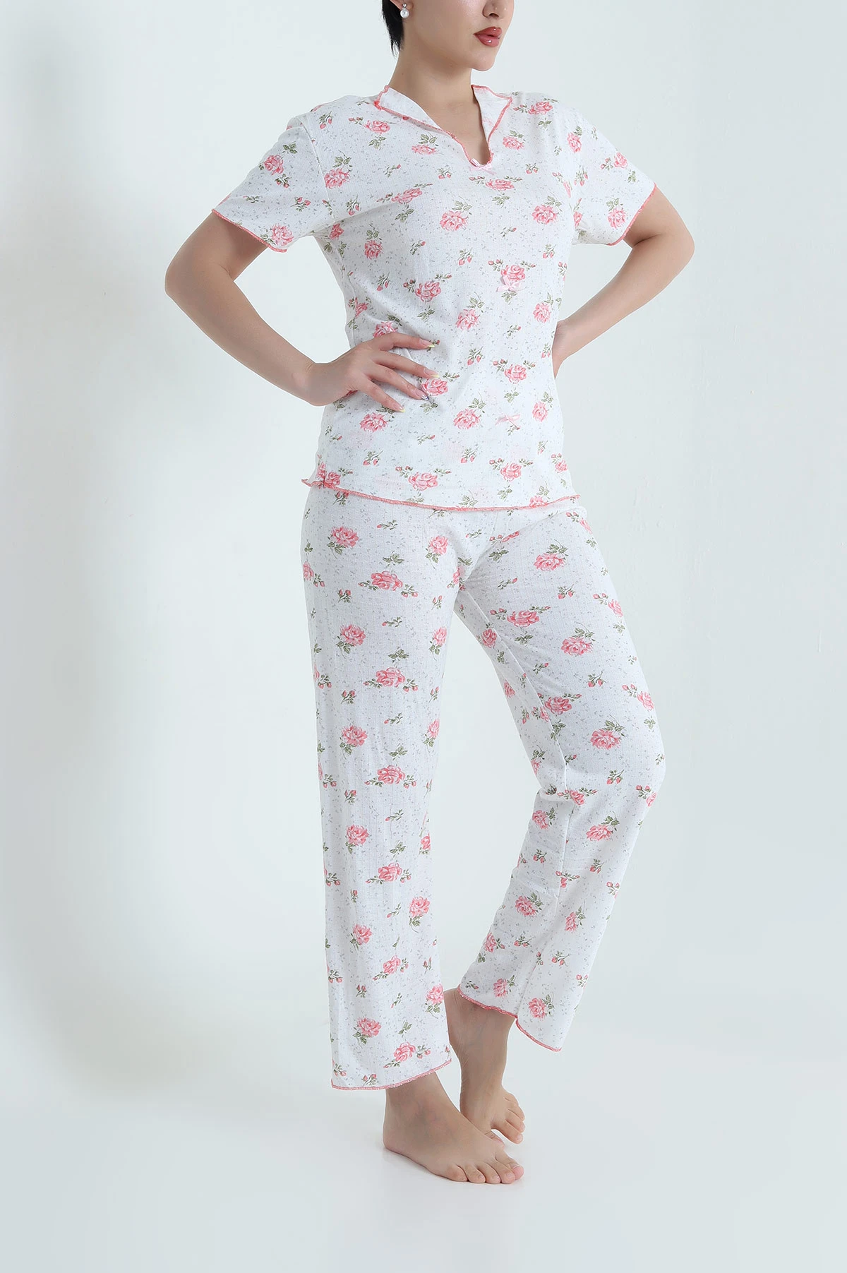 Nar Çiçeği Jakarlı Fiyonklu Kadın Pijama Takımı 466701