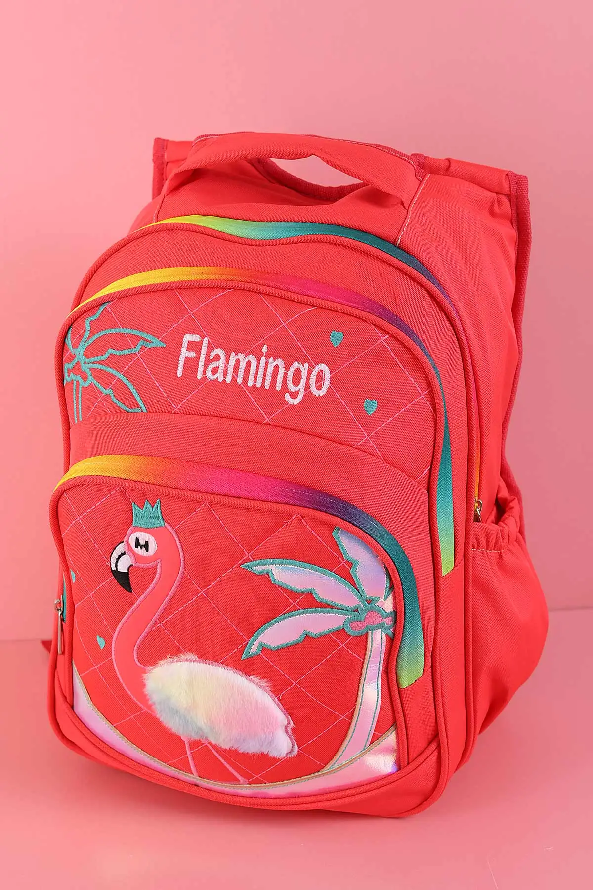 Nar Çiçeği Peluş Flamingo Kabartma Desenli Beslenme Çantalı İkili Sırt Çantası Seti 288996