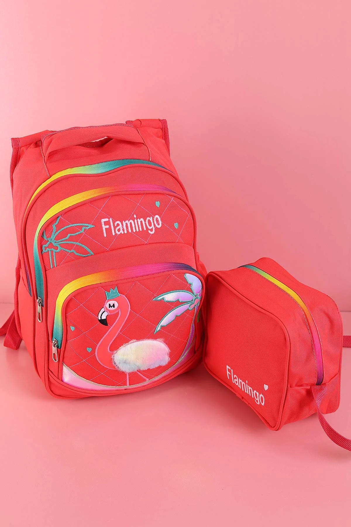 Nar Çiçeği Peluş Flamingo Kabartma Desenli Beslenme Çantalı İkili Sırt Çantası Seti 288996