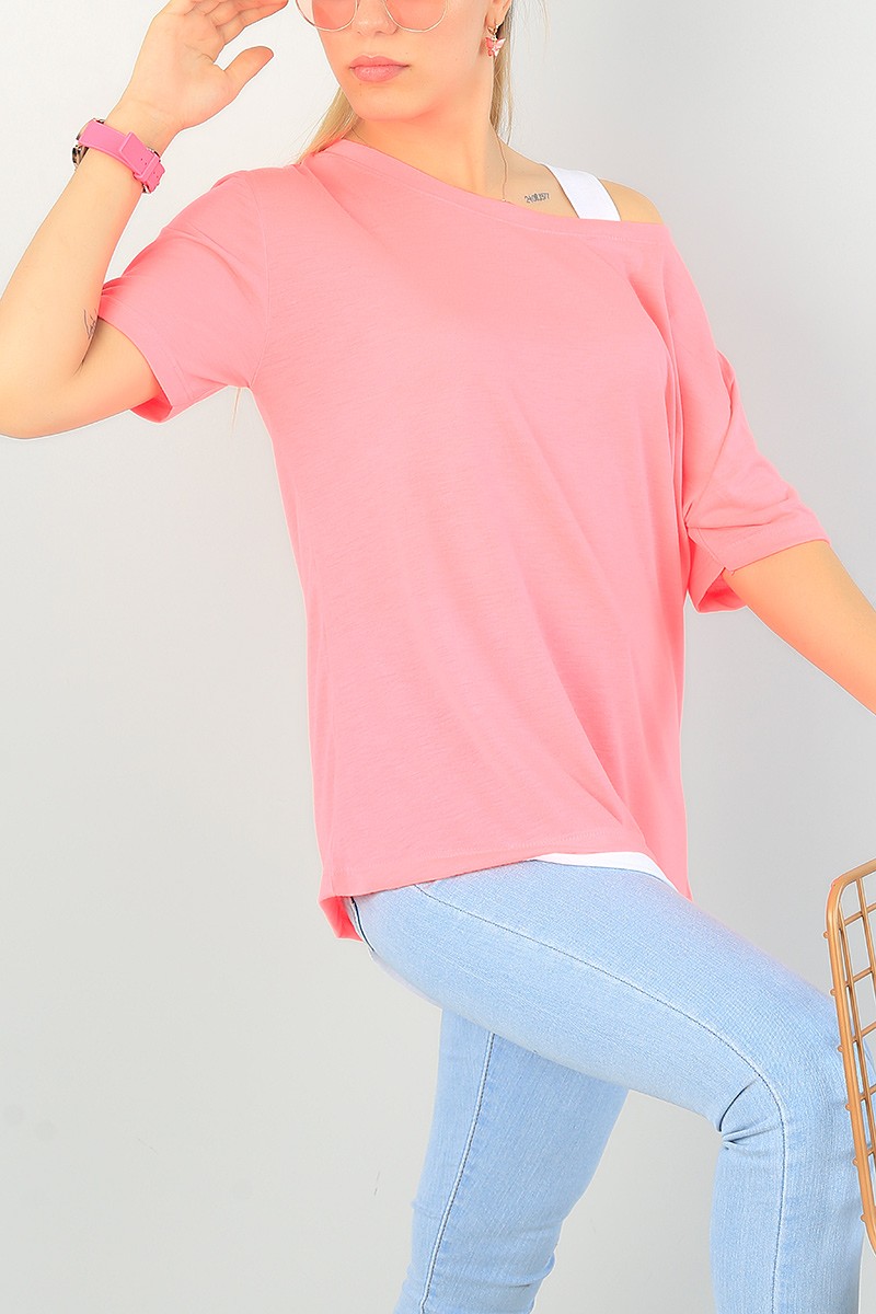 Neon Pembe Omuz Detay Eklemeli Bayan Tişört 66782