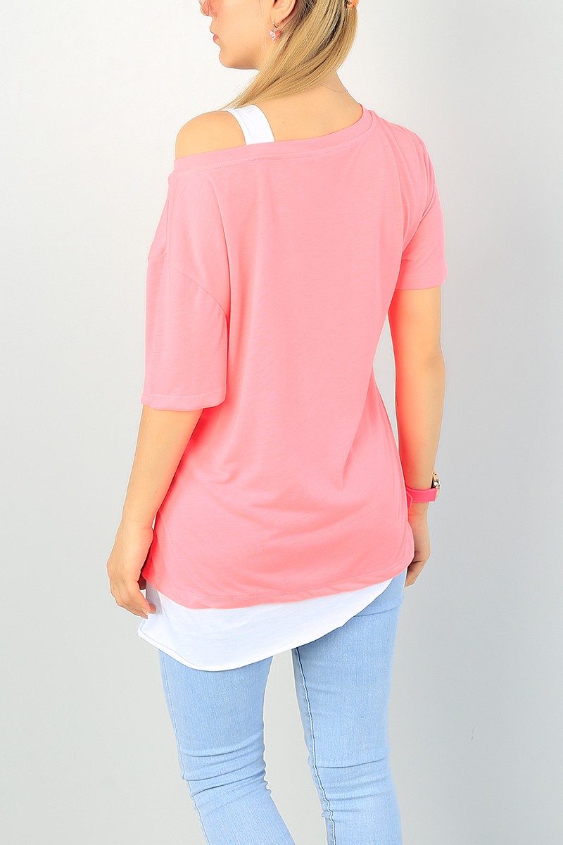Neon Pembe Omuz Detay Eklemeli Bayan Tişört 66782