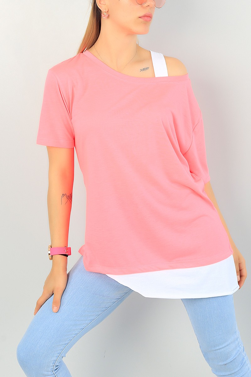 Neon Pembe Omuz Detay Eklemeli Bayan Tişört 66782