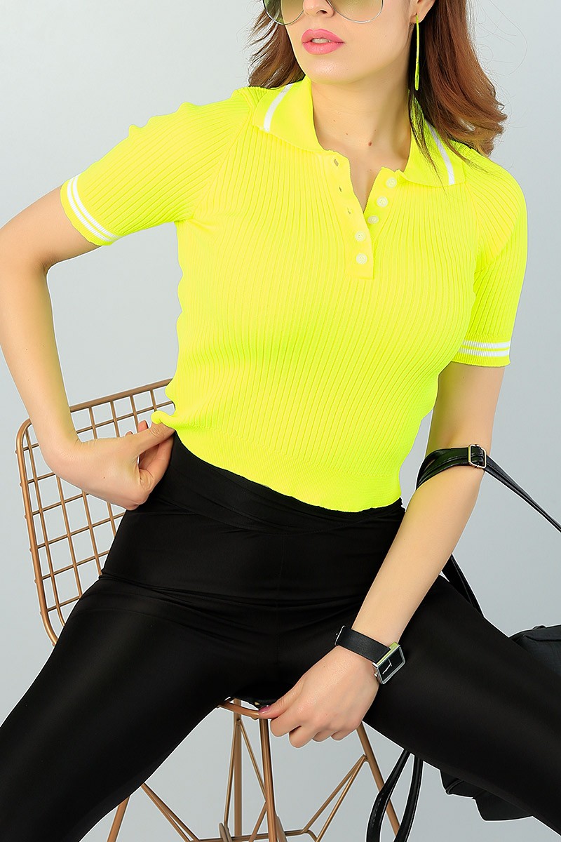 Neon Sarı Polo Yaka Bayan Tişört 62562