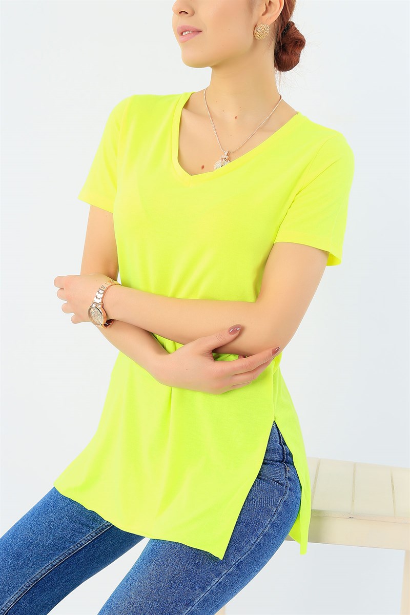 Neon Sarı Yandan Yırtmaçlı Tişört 29692B