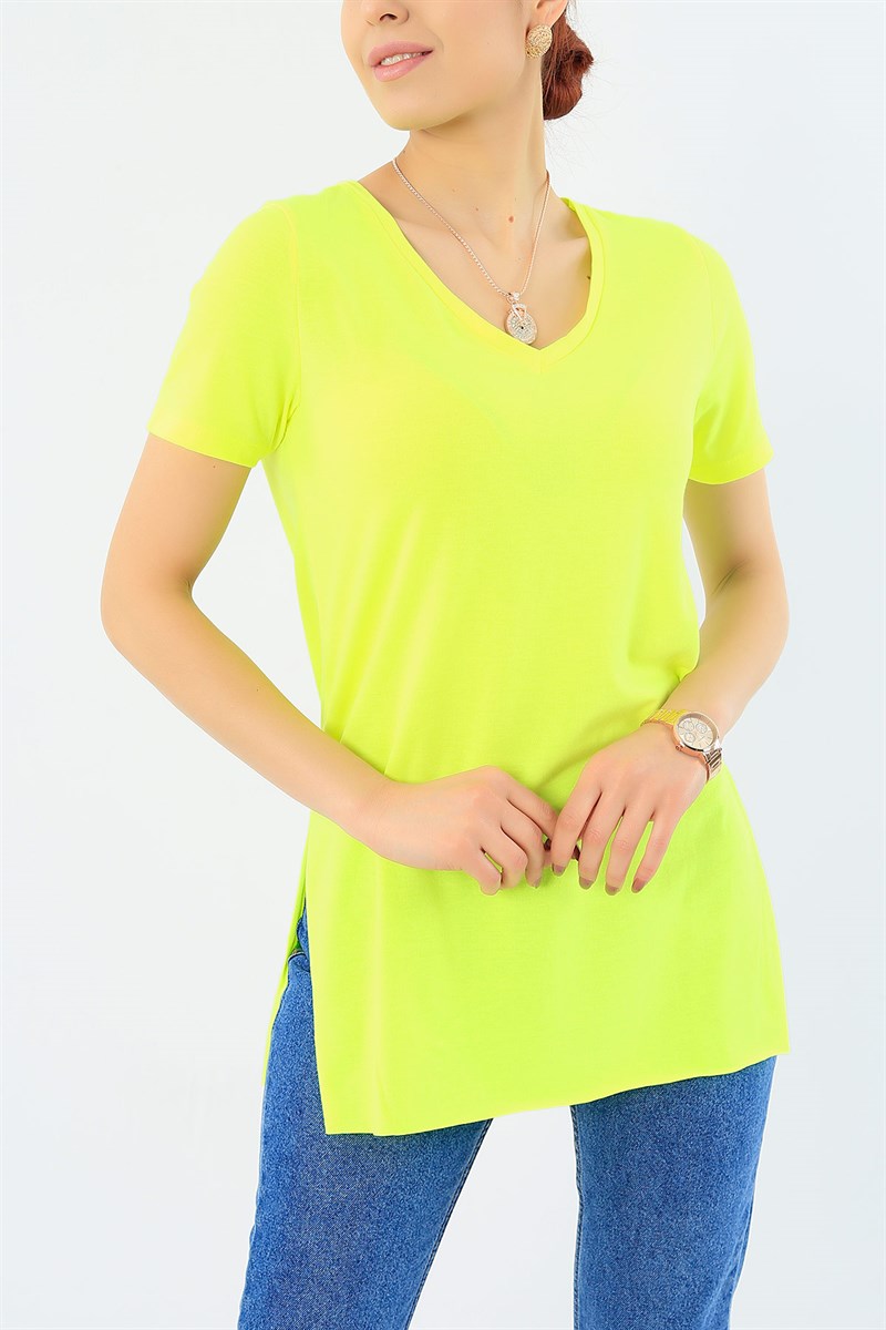 Neon Sarı Yandan Yırtmaçlı Tişört 29692B