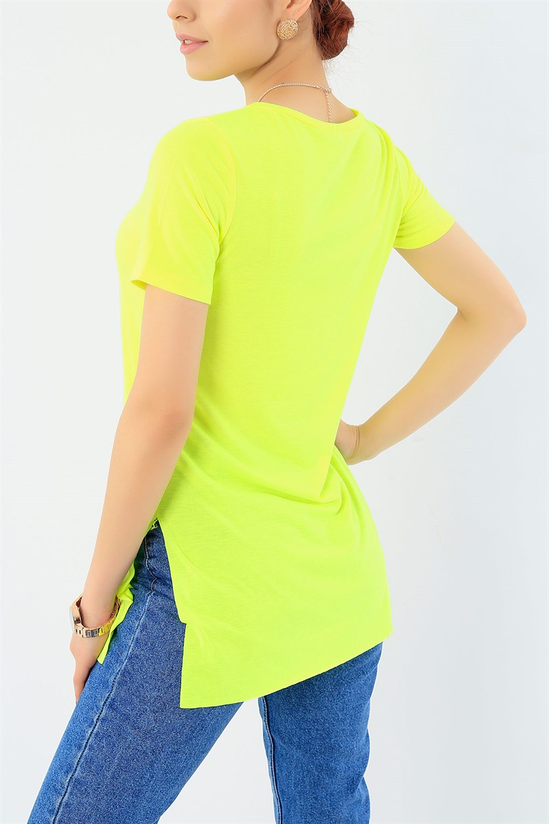 Neon Sarı Yandan Yırtmaçlı Tişört 29692B