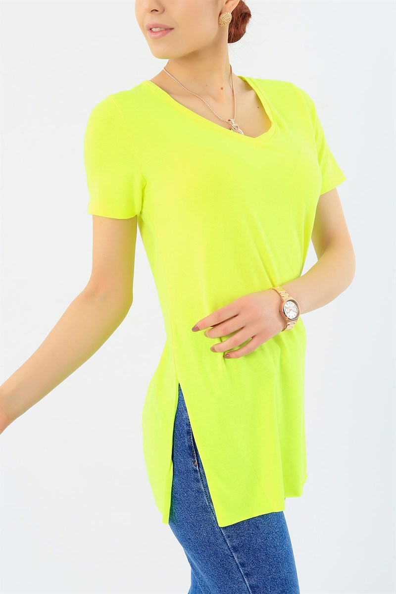 Neon Sarı Yandan Yırtmaçlı Tişört 29692B
