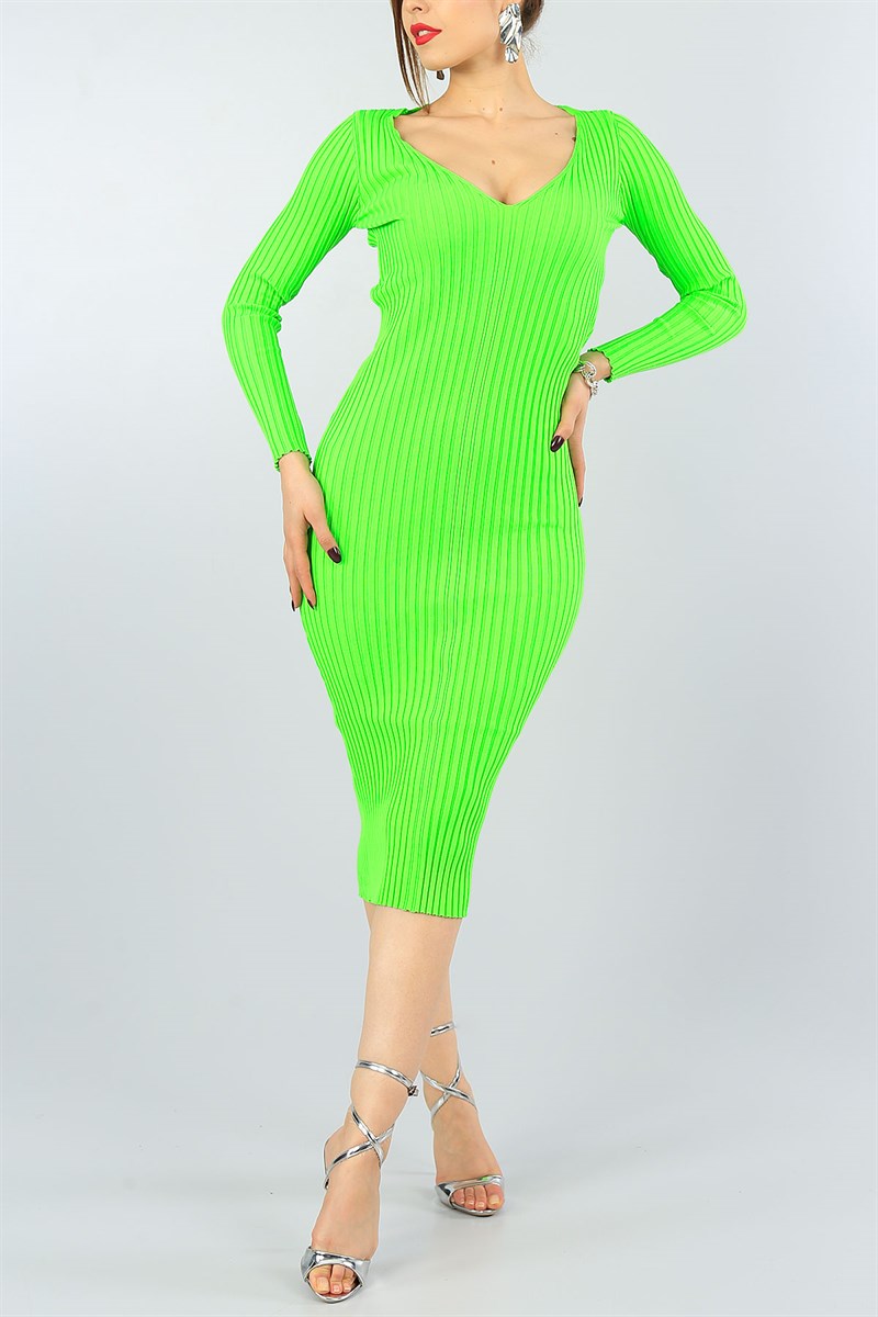 Neon Yeşil Dekolte Detay Likralı Triko Elbise 40799
