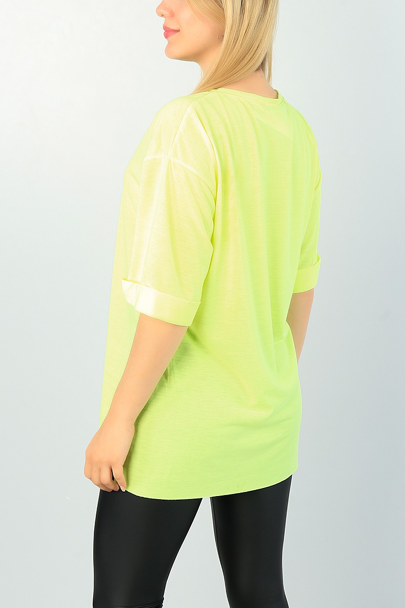 Neon Yeşil Duble Kol Bayan Yırtmaçlı Tişört 68187