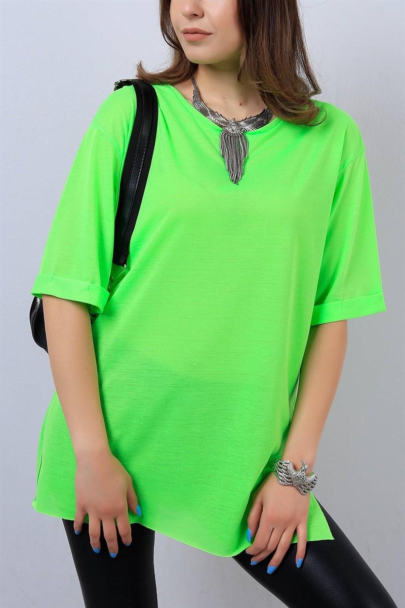 Neon Yeşil Yandan Yırtmaçlı Bayan Tişört 13843B