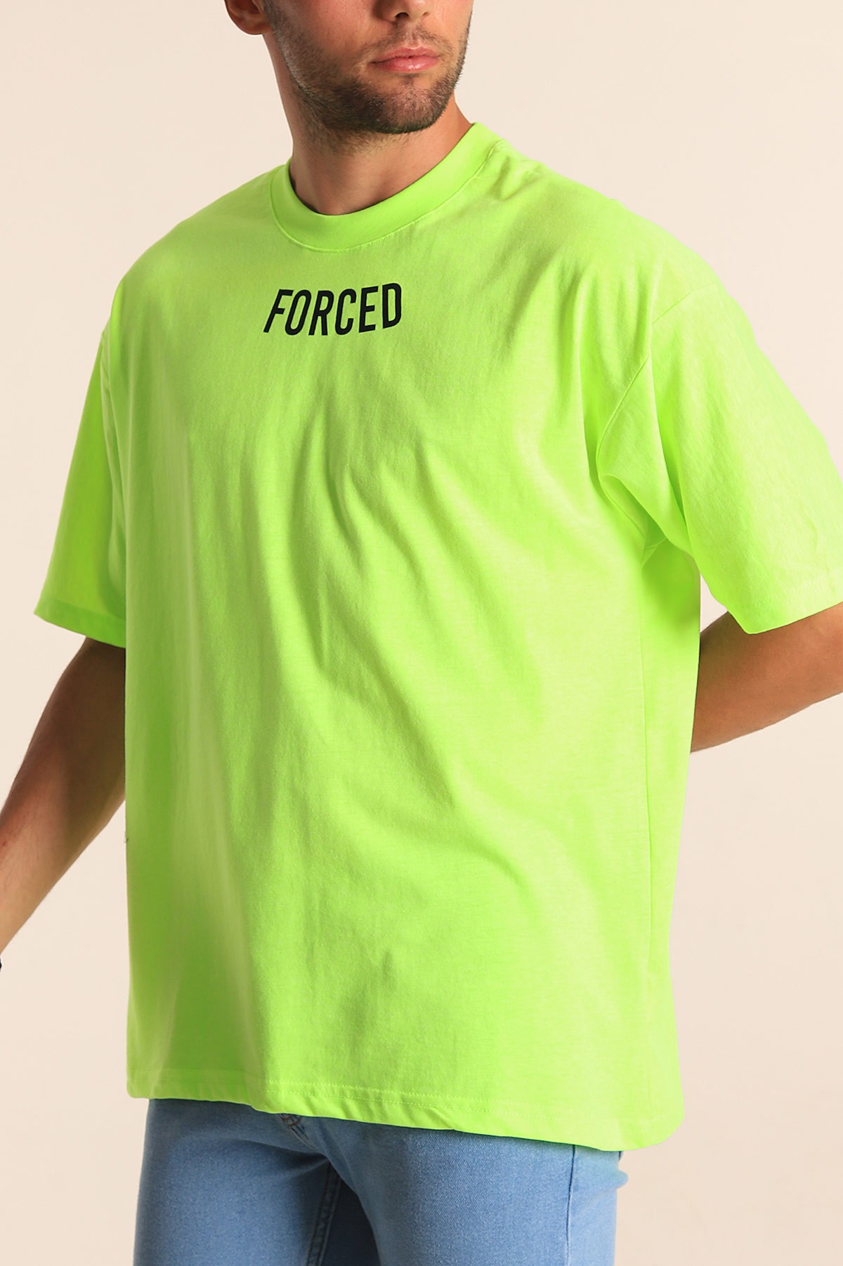 Neon Yeşili Bisiklet Yaka Sırt Baskılı Oversize Erkek Tişört 194151
