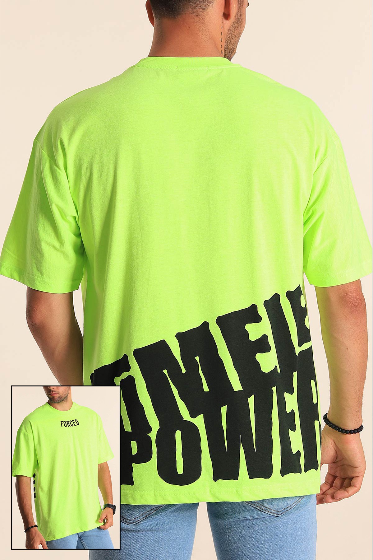 Neon Yeşili Bisiklet Yaka Sırt Baskılı Oversize Erkek Tişört 194151