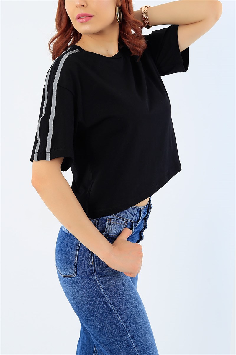 Omuz Detay Siyah Bayan Tişört 31993