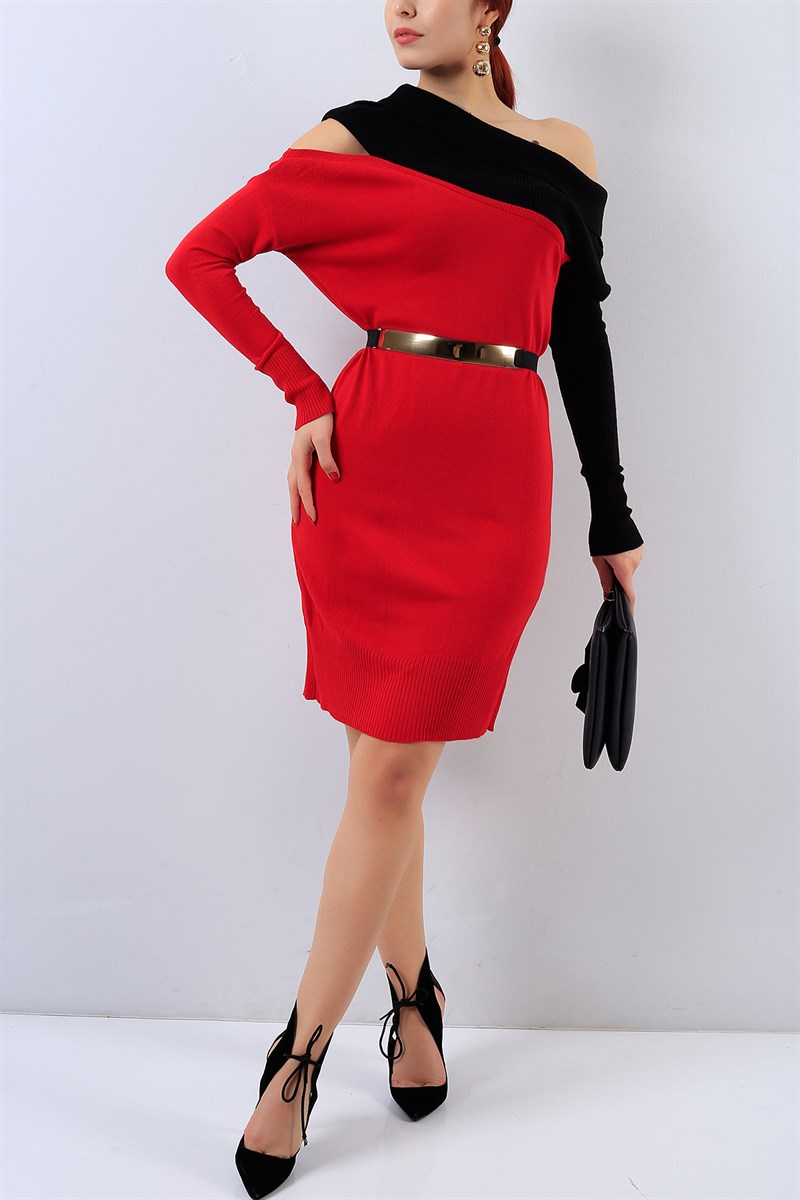 Omuz Detaylı Kırmızı Triko Elbise 18601B