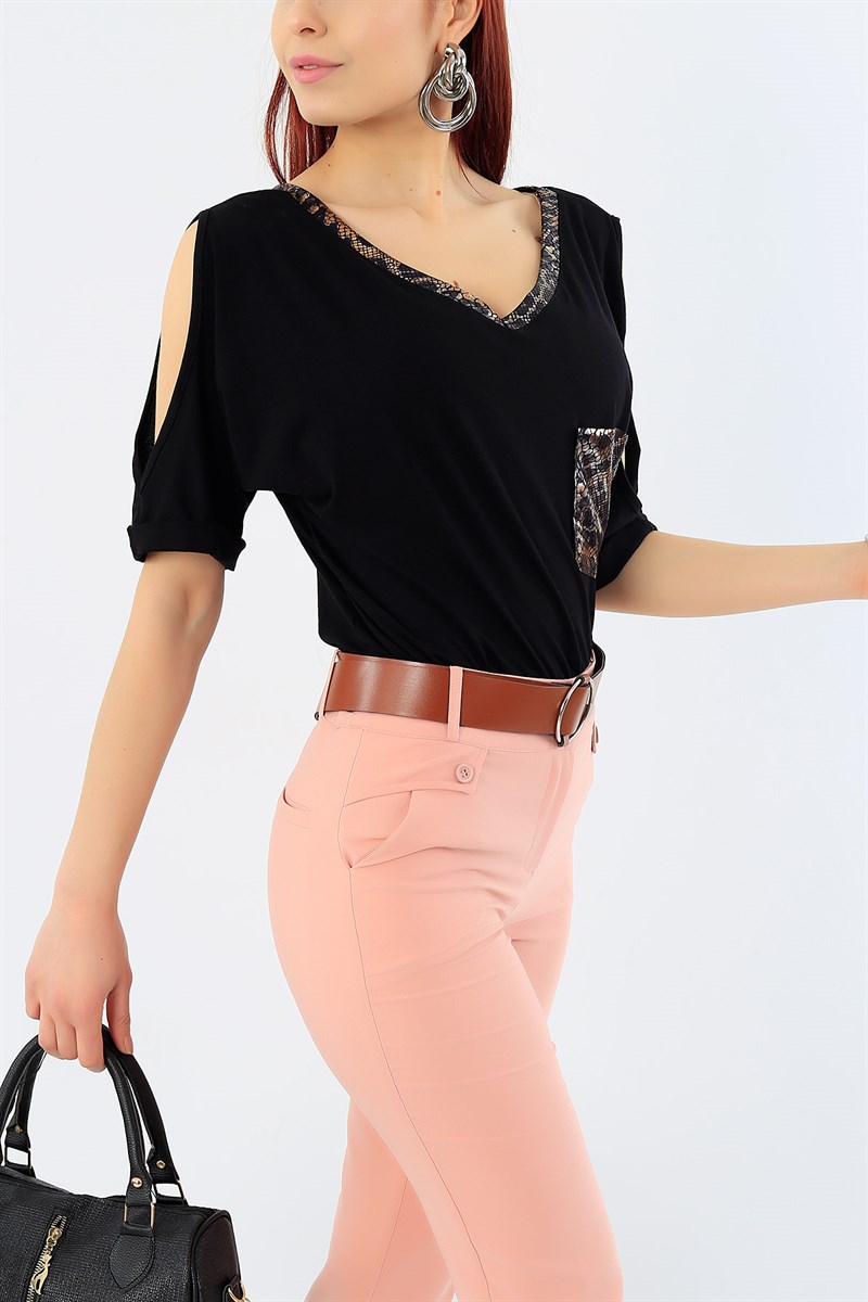 Omuz Yırtmaçlı Cepli Siyah Bluz 29972B