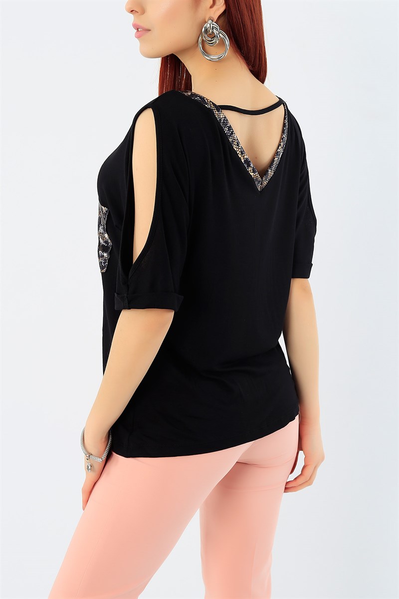 Omuz Yırtmaçlı Cepli Siyah Bluz 29972B