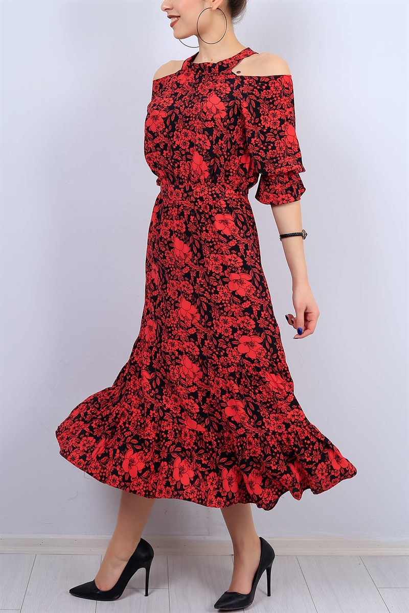 Omuzları Açık Kırmızı Bayan Elbise 12461B