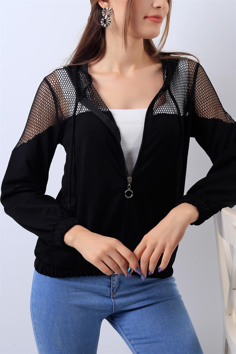 Omuzları Fileli Siyah Bayan Sweat 18044B