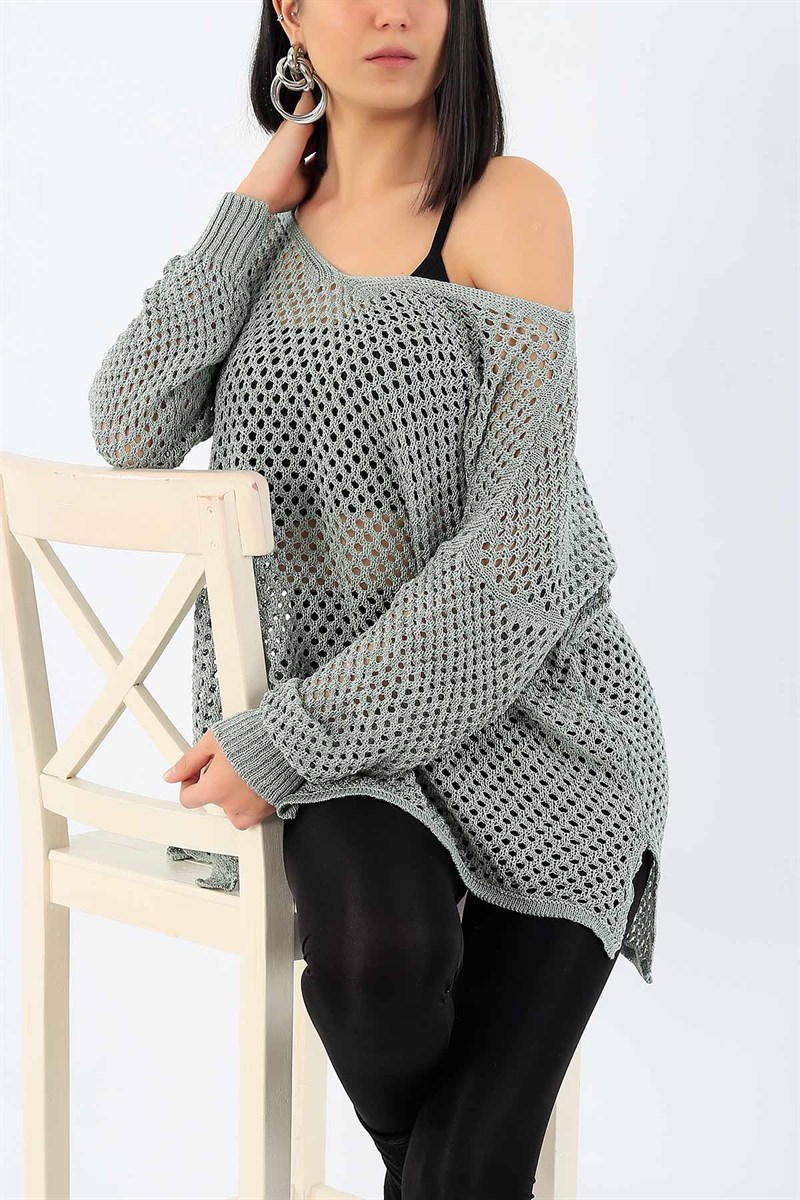 Ön Arka V Yaka Su Yeşili Örme Bluz 27481B