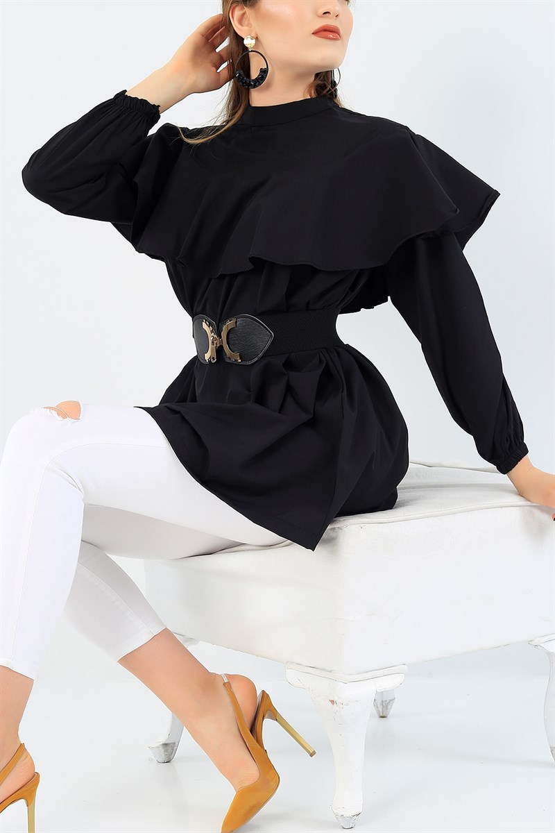 Önü Volanlı Siyah Poplin Tunik 36726