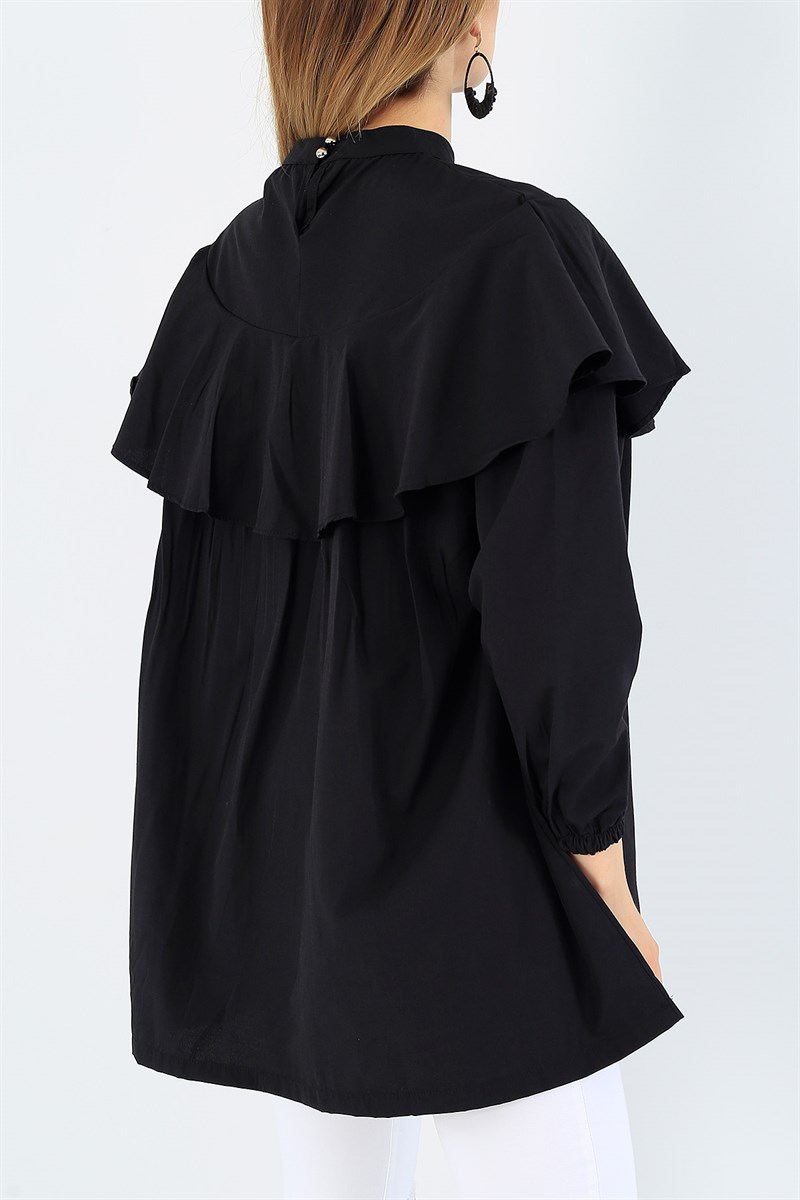 Önü Volanlı Siyah Poplin Tunik 36726