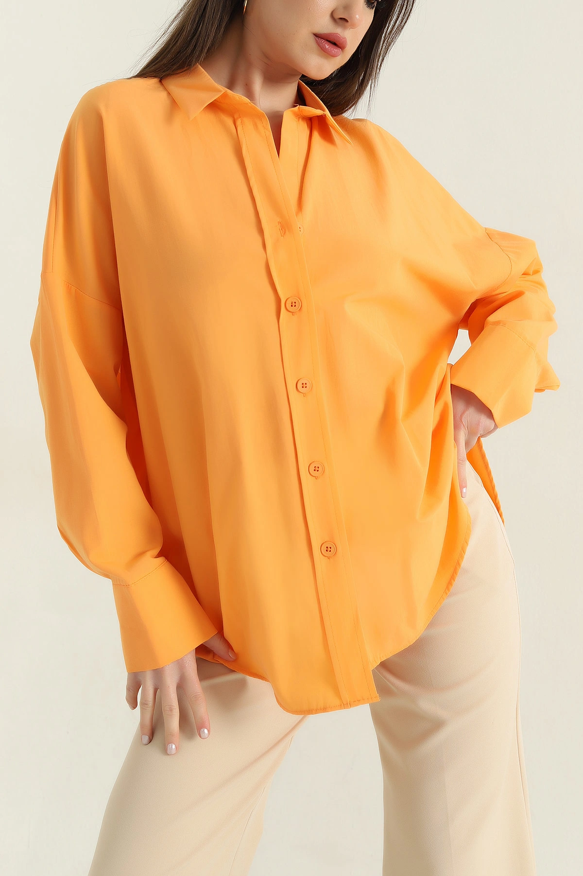 Oversize Kadın Poplin Yavruağzı Gömlek 360085