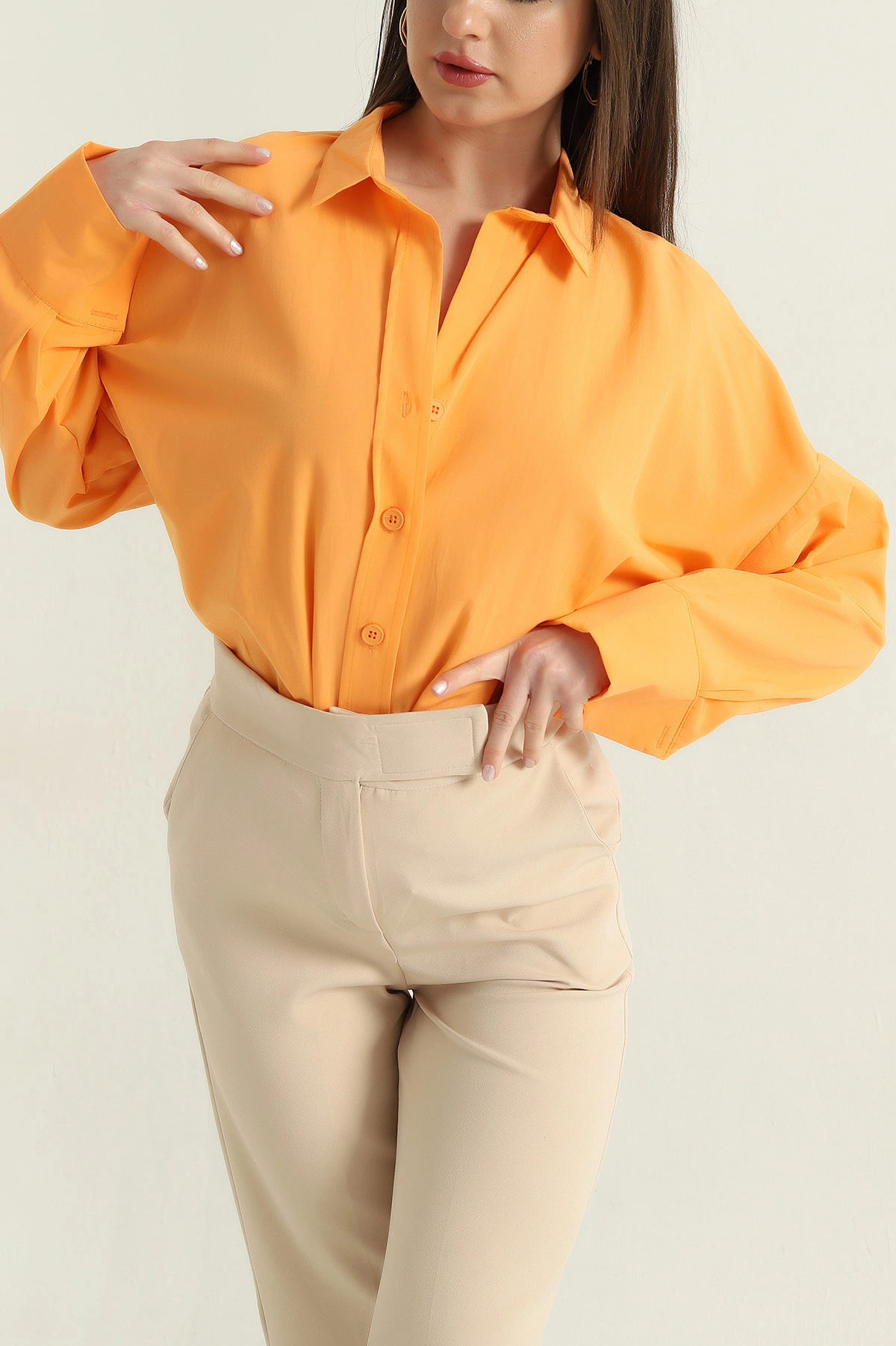 Oversize Kadın Poplin Yavruağzı Gömlek 360085