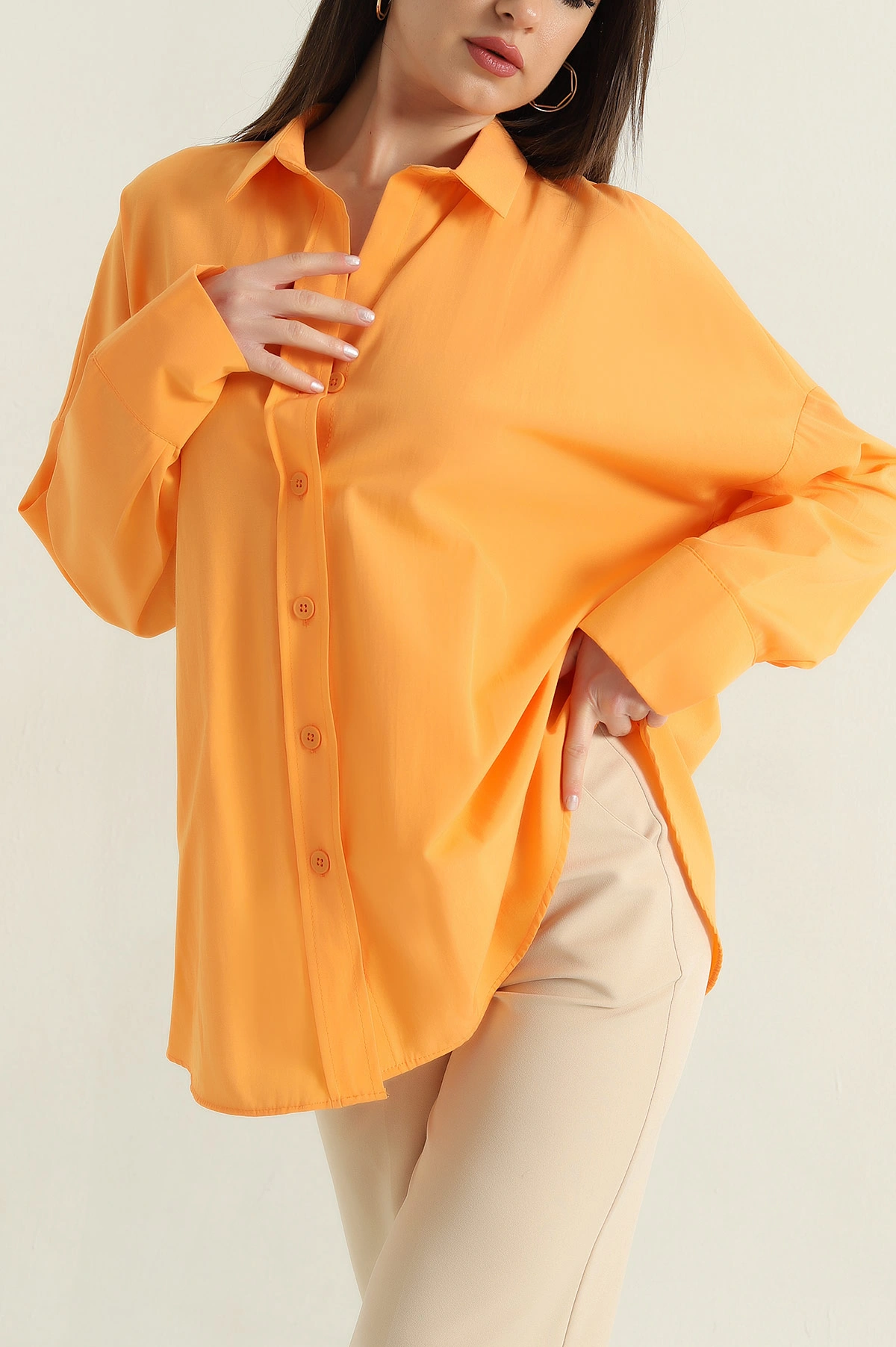 Oversize Kadın Poplin Yavruağzı Gömlek 360085