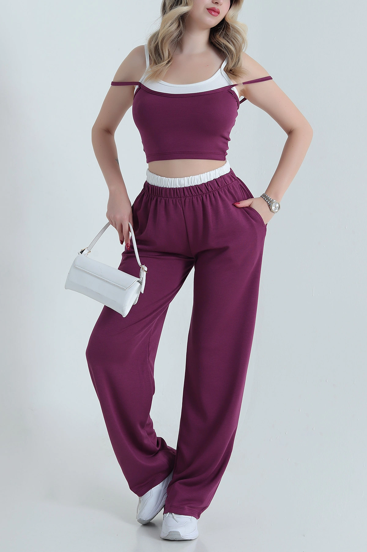 Patlıcan Moru Modal Crop Pantolon İkili Takım 471986