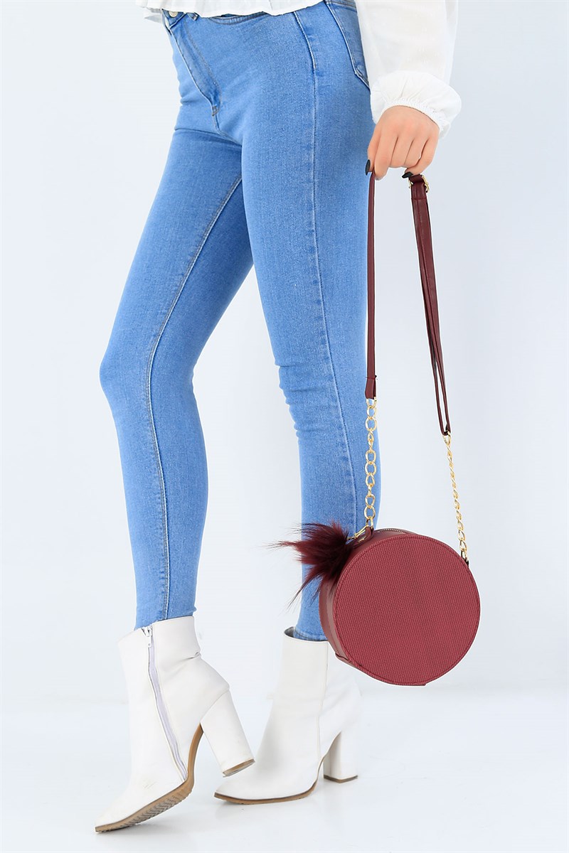 Peluş Detay Bordo Kutu Omuz Çantası 27049Ç