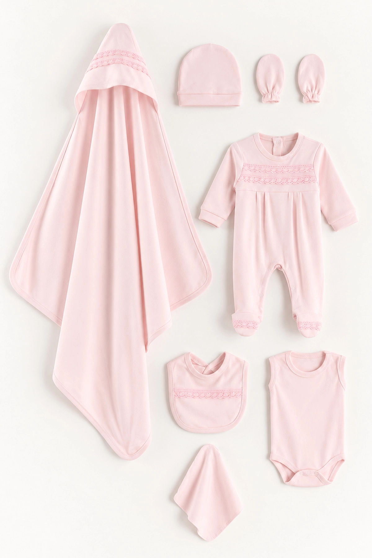 Pembe (0-1 Ay) İnce  Dantelli  Tulum, Battaniye ve 7'li Penye Kız Bebek Hastane Çıkış Seti 488666