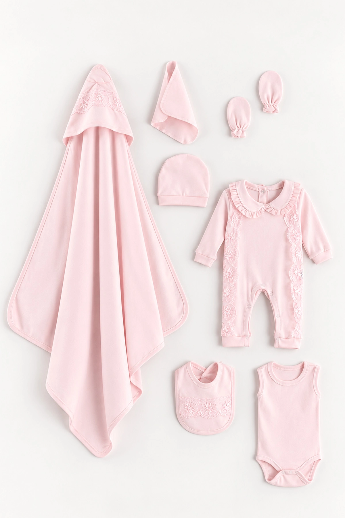 Pembe (0-1 Ay) Yuvarlak Yaka Güpürlü Tulum, Battaniye ve 7'li Penye Kız Bebek  Hastane Çıkış Seti 488241
