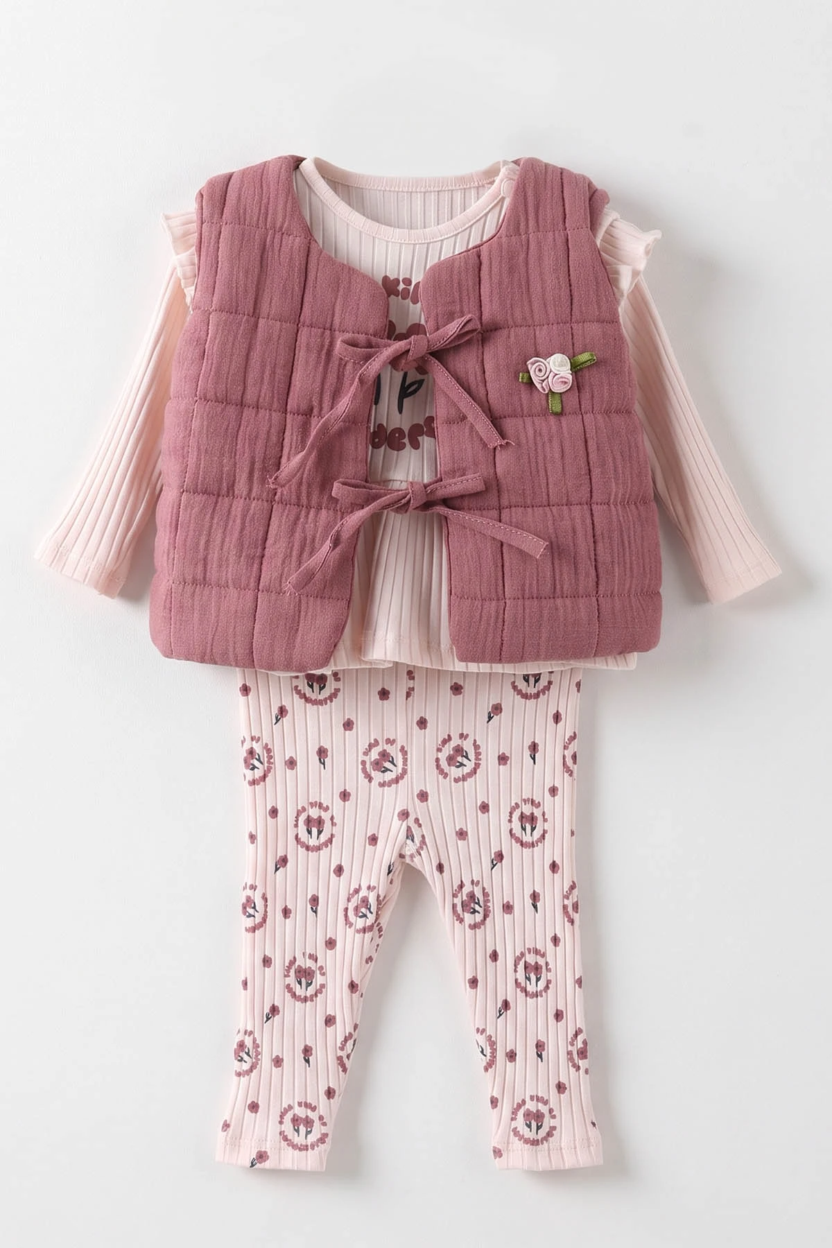 Pembe (0-12 Ay) Baskılı Fitilli Taytlı Yeleği Çiçek Nakışlı Kız Bebek 3'lü Takım 473273