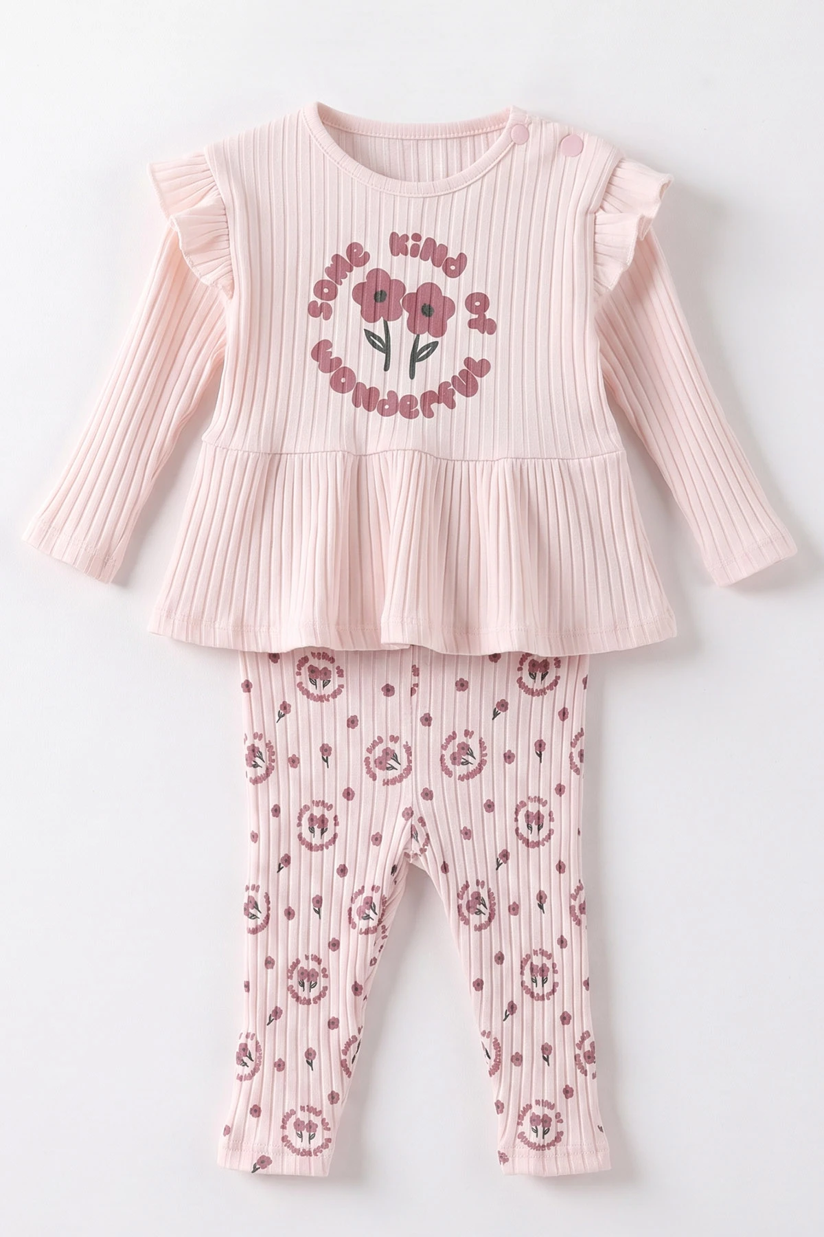 Pembe (0-12 Ay) Baskılı Fitilli Taytlı Yeleği Çiçek Nakışlı Kız Bebek 3'lü Takım 473273
