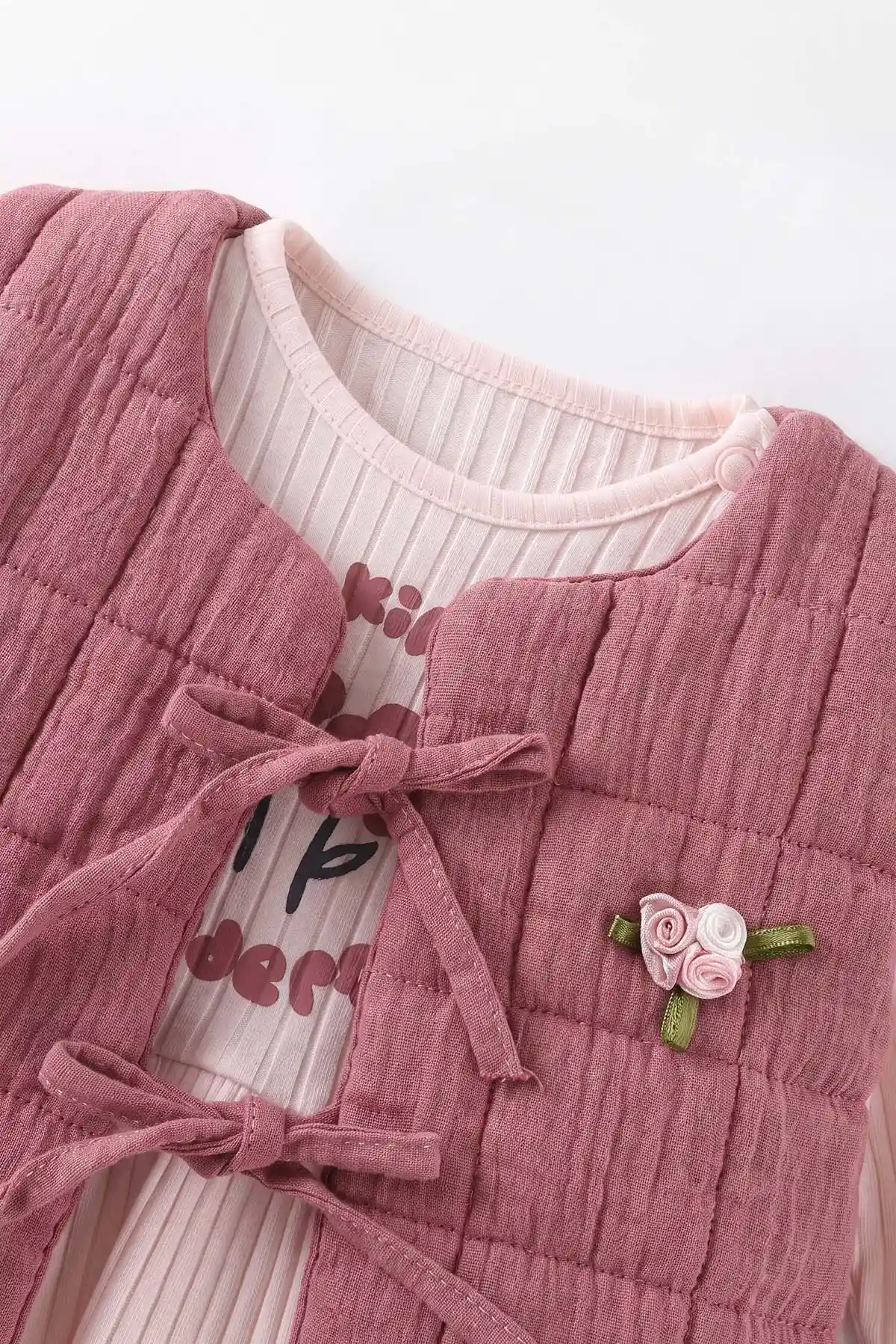 Pembe (0-12 Ay) Baskılı Fitilli Taytlı Yeleği Çiçek Nakışlı Kız Bebek 3'lü Takım 473273
