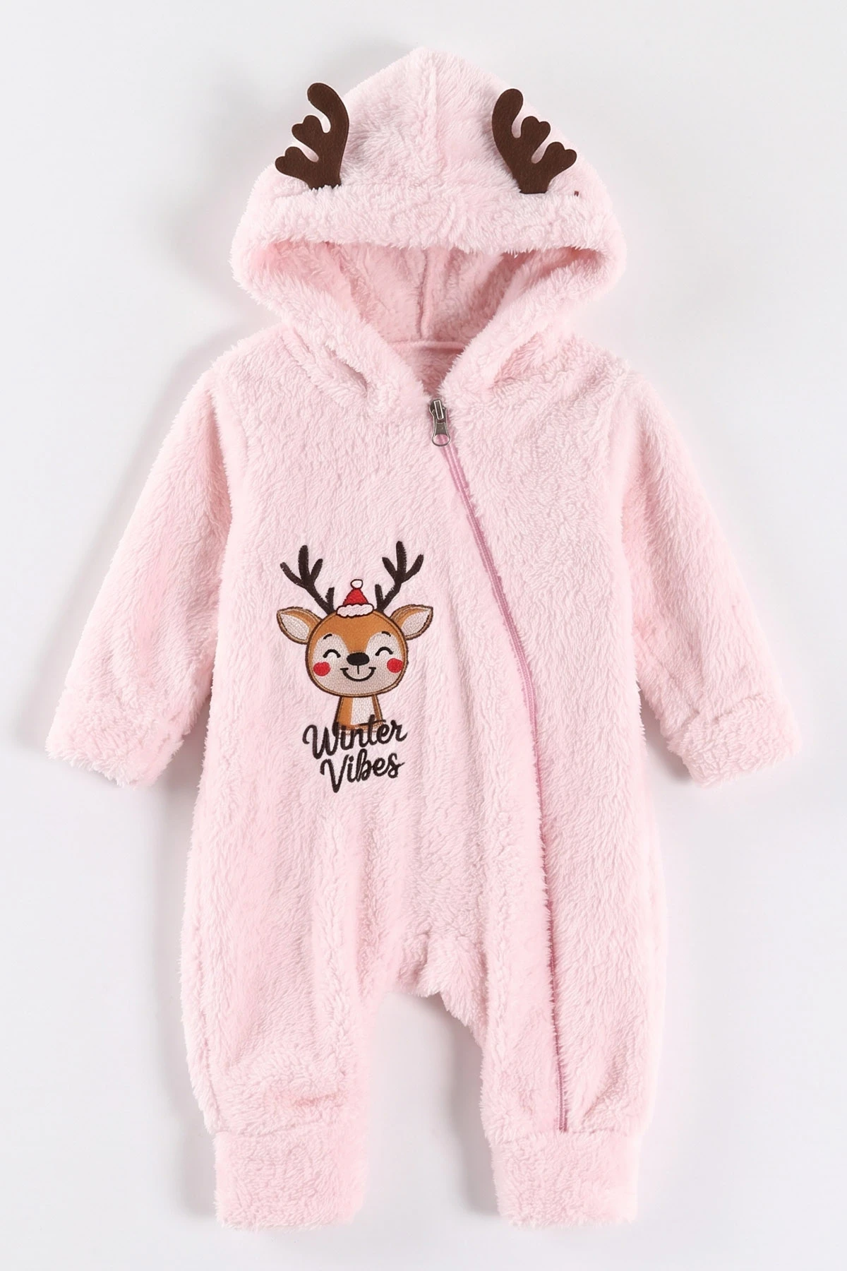 Pembe (0-12 Ay) Geyik Nakışlı Kapüşonlu Peluş Kız Bebek Tulum 494423