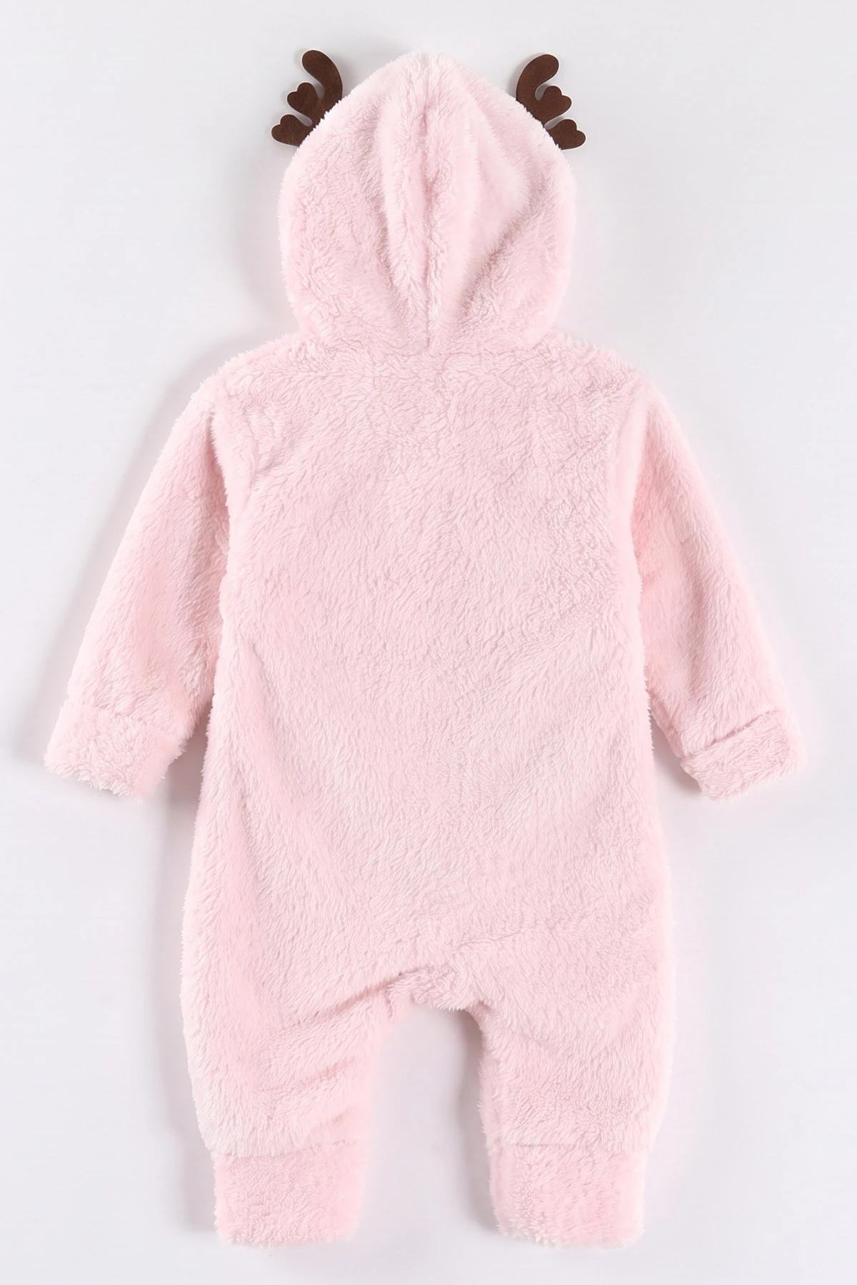 Pembe (0-12 Ay) Geyik Nakışlı Kapüşonlu Peluş Kız Bebek Tulum 494423
