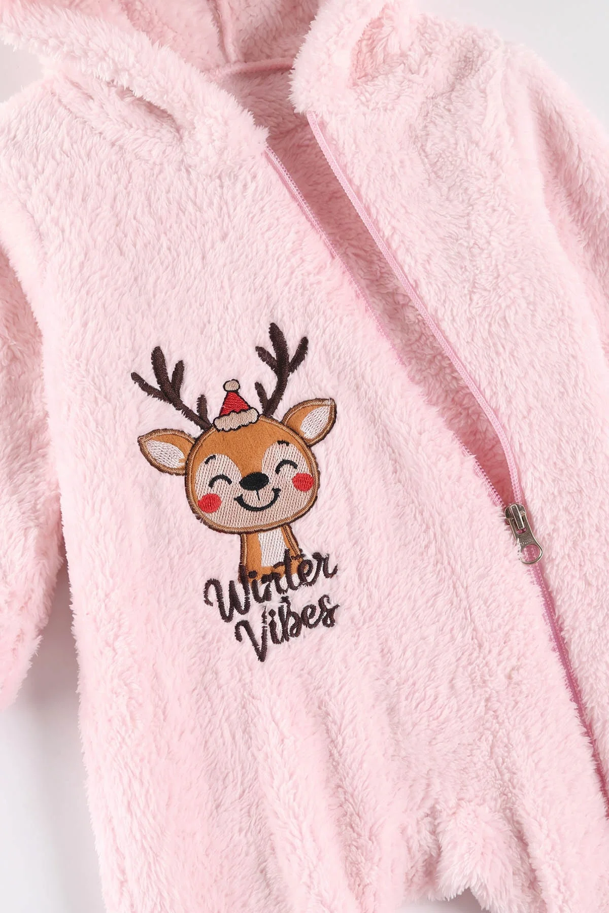 Pembe (0-12 Ay) Geyik Nakışlı Kapüşonlu Peluş Kız Bebek Tulum 494423