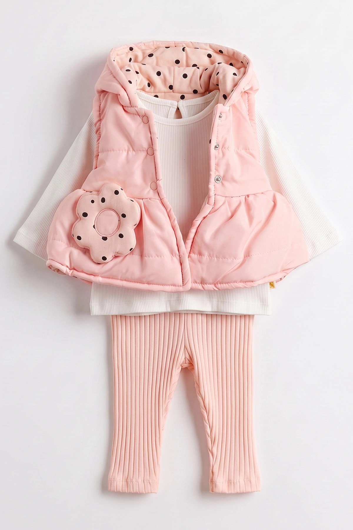 Pembe (0-12 Ay) Kapüşonlu Yelekli Fitilli Taytlı Kız Bebek 3'lü Takım 473372