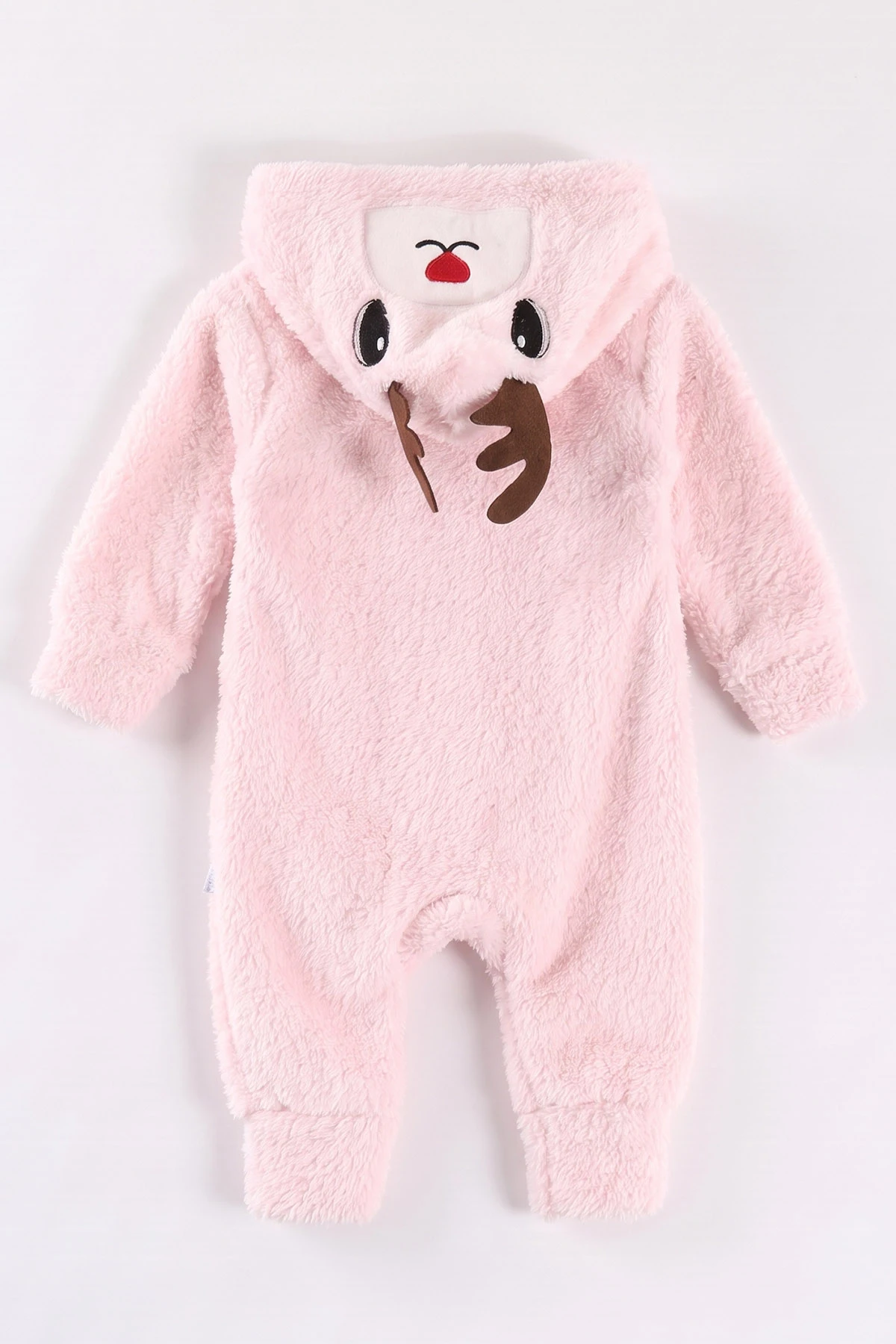 Pembe (0-12 Ay) Kapüşonu Geyik Nakışlı  Peluş Kız Bebek Tulum 495379