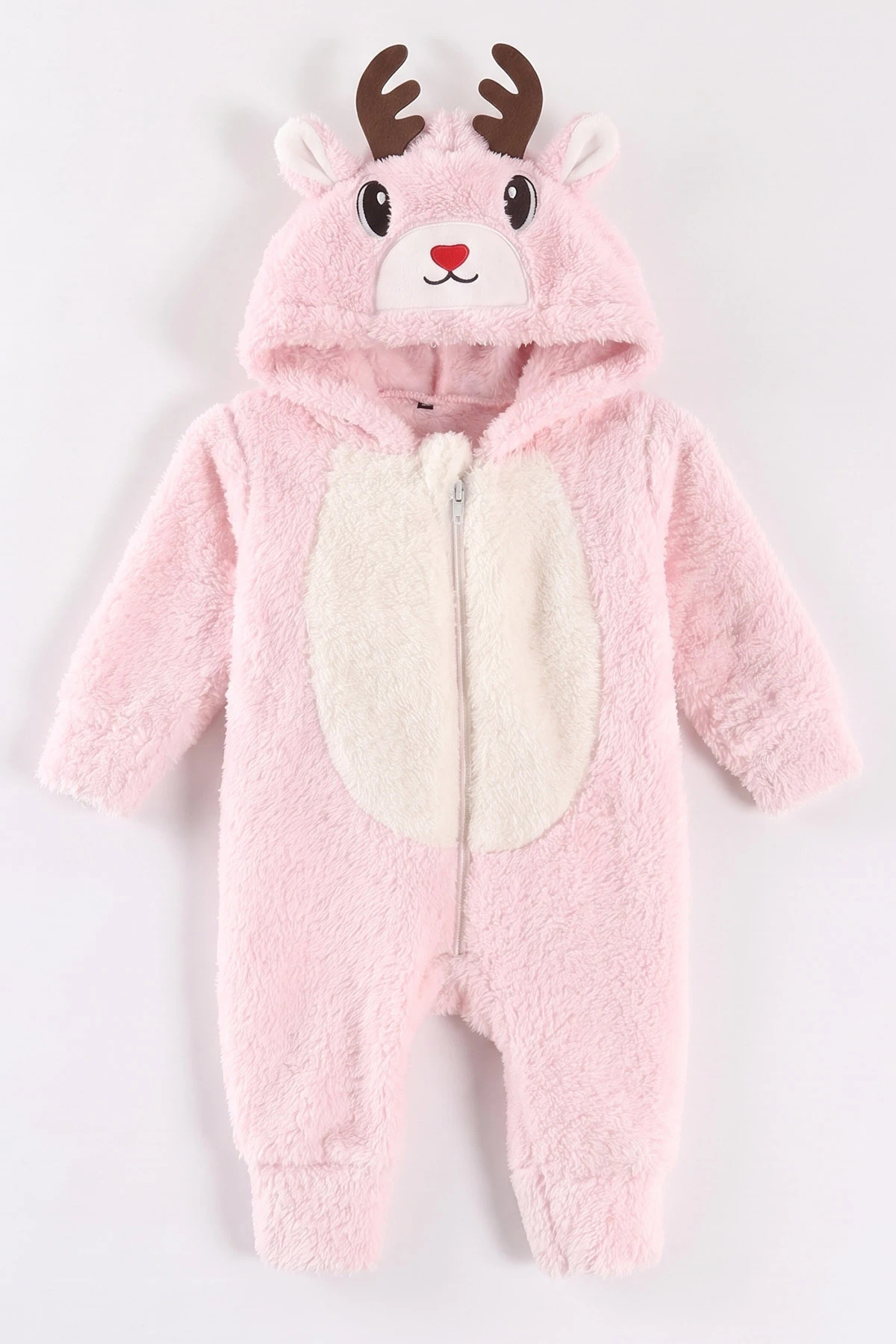 Pembe (0-12 Ay) Kapüşonu Geyik Nakışlı  Peluş Kız Bebek Tulum 495379