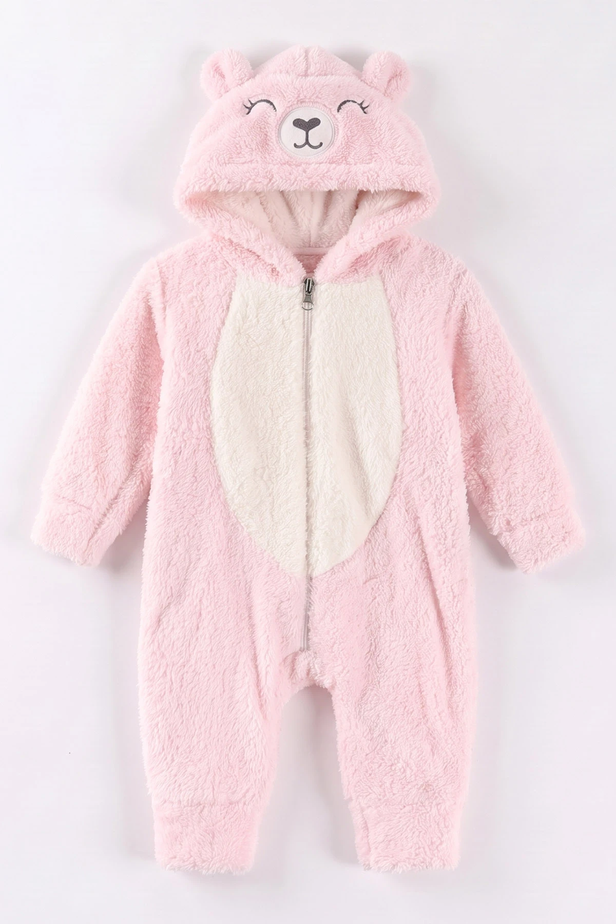 Pembe (0-12 Ay)Kapüşonu Gülen Ayı Nakışlı Peluş Kız Bebek Tulum 494435