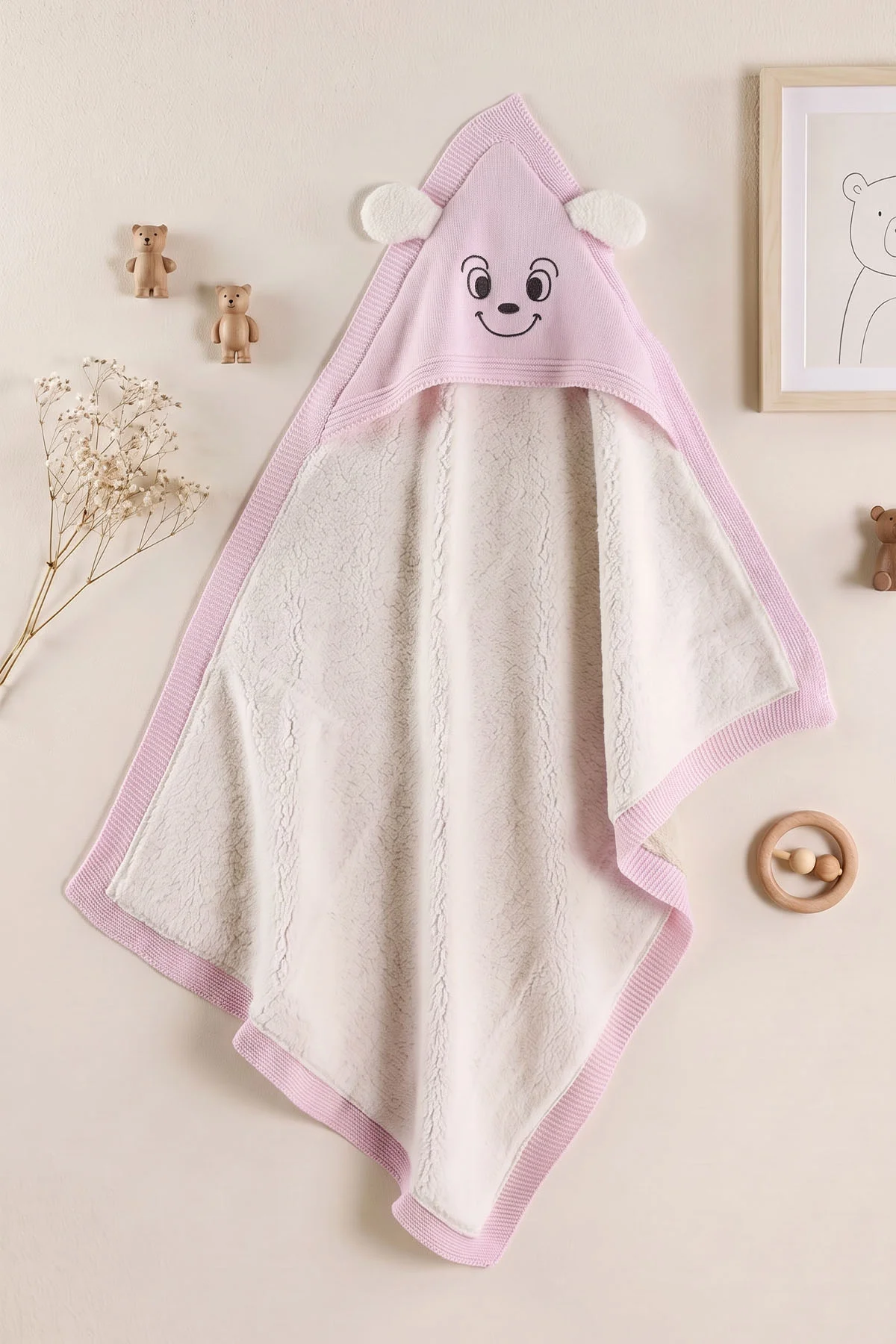 Pembe (0-12 Ay)Nakışlı Kulaklı Wellsoft Triko Bebek Battaniye 476441