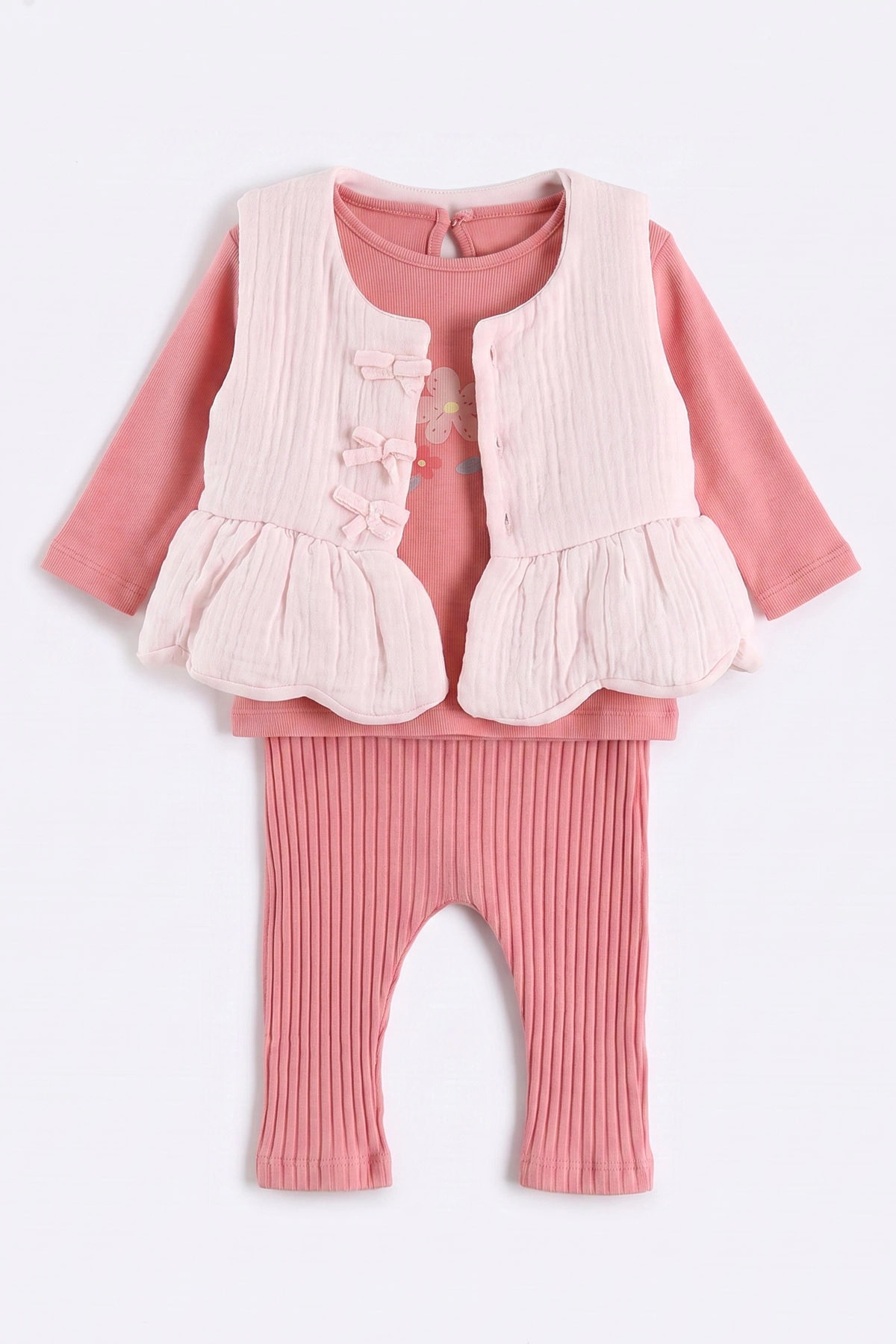 Pembe (0-12 Ay)Üç Kurdela Yelekli Fitilli Taytlı Kız Bebek 3'lü Takım 473363